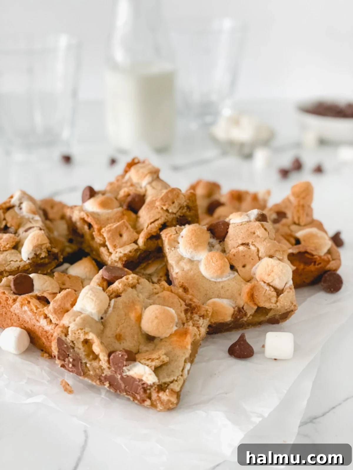 Ingredients for S'mores Blondies laid out on a baking surface.