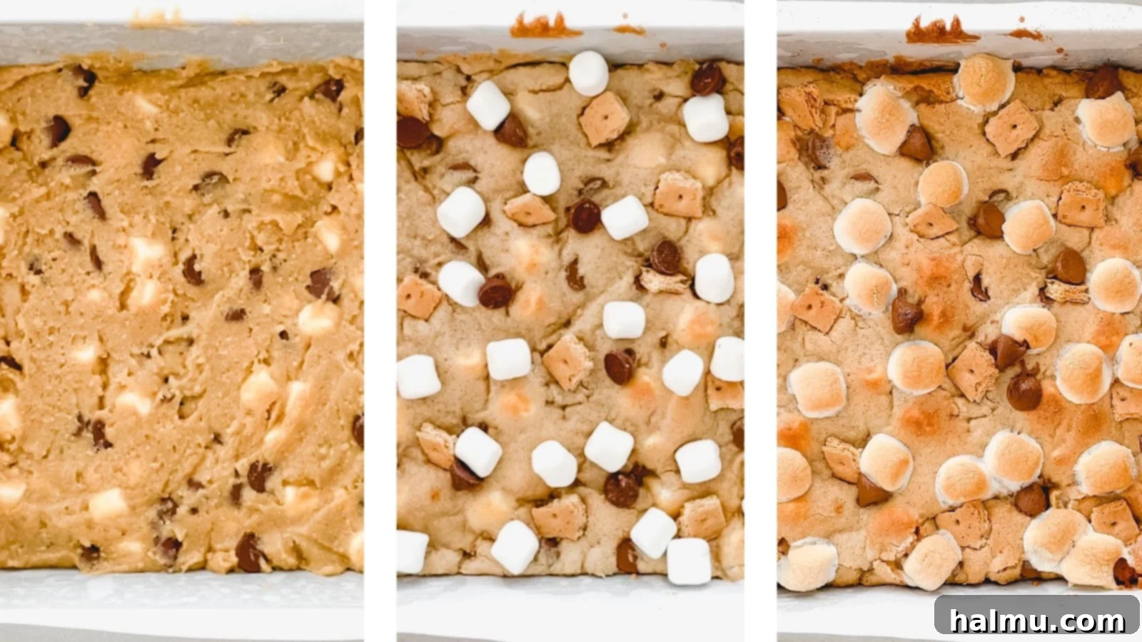 A tray of freshly baked S'mores Blondies cooling on a rack.