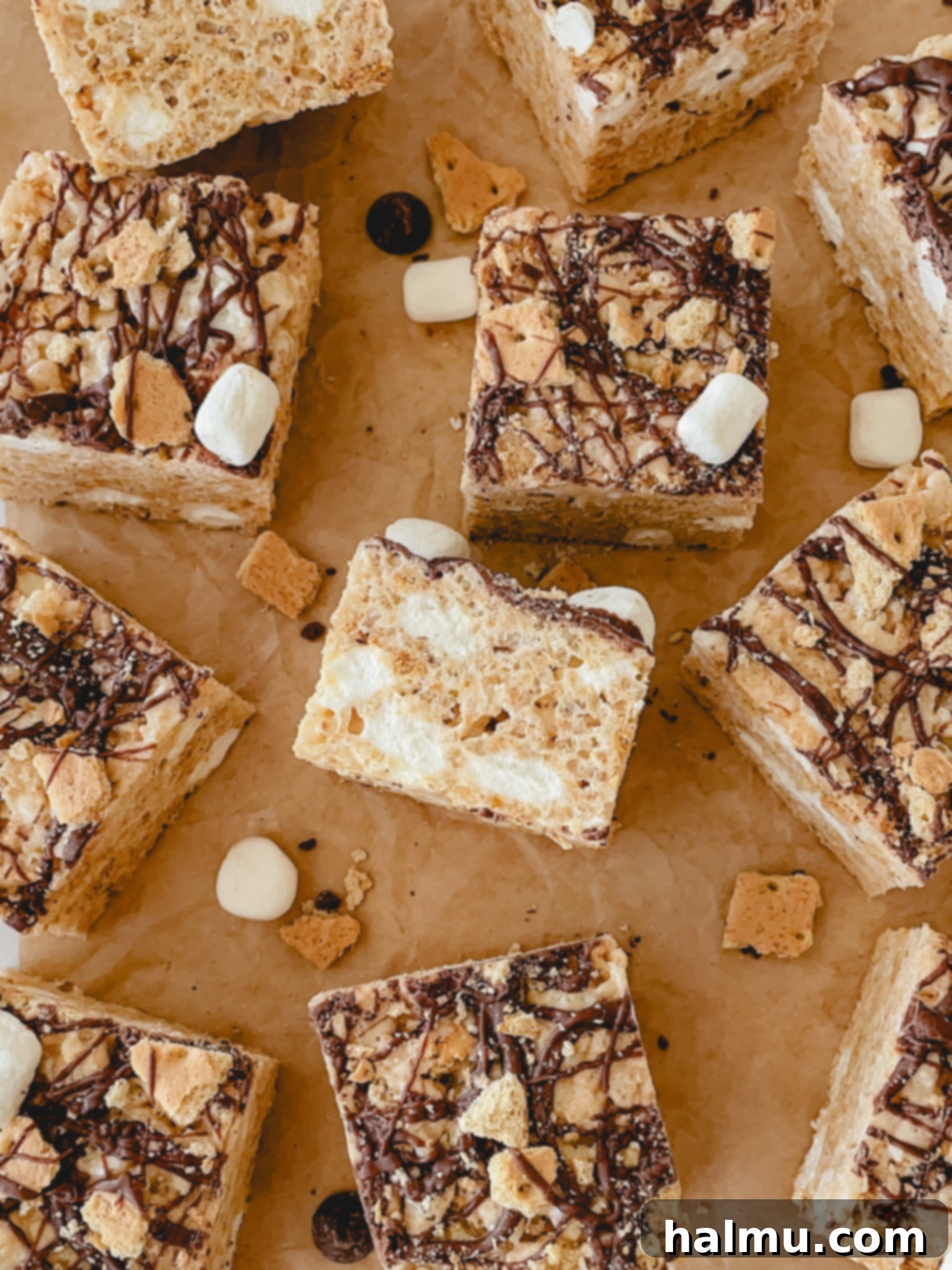 Close-up of S'mores Rice Krispie Treats, showcasing melted chocolate drizzle and visible graham cracker crumbs.