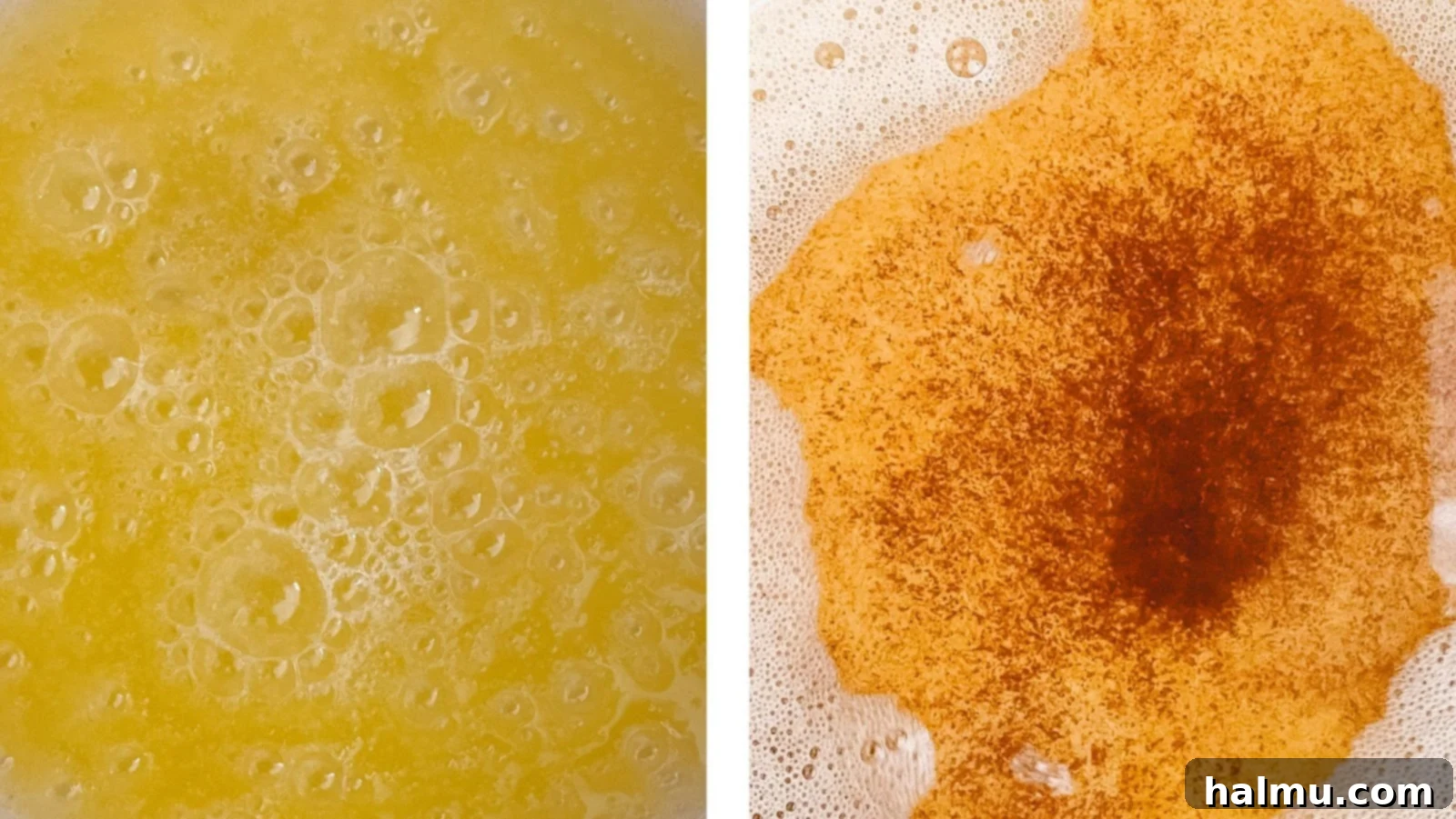 Close-up of brown butter with toasted bits at the bottom of the pan, ready to be used.