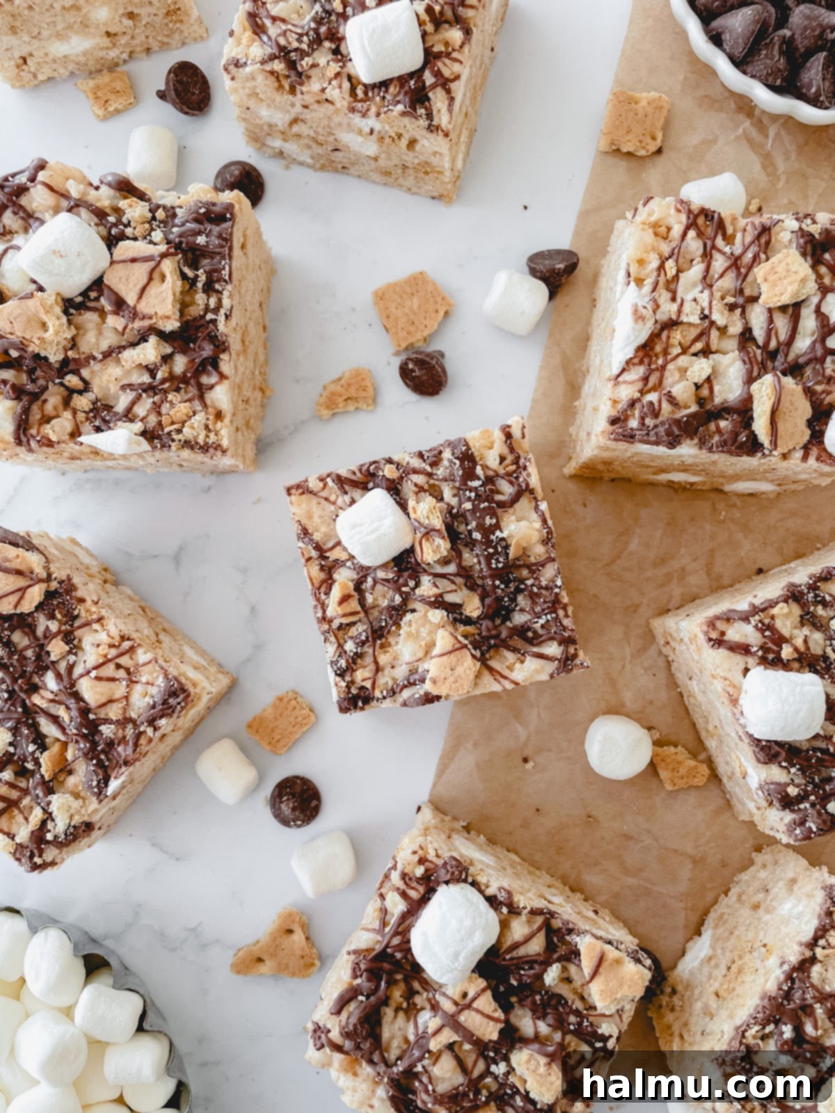 Top-down view of S'mores Rice Krispie Treat squares, with visible melted chocolate, graham crackers, and mini marshmallows.