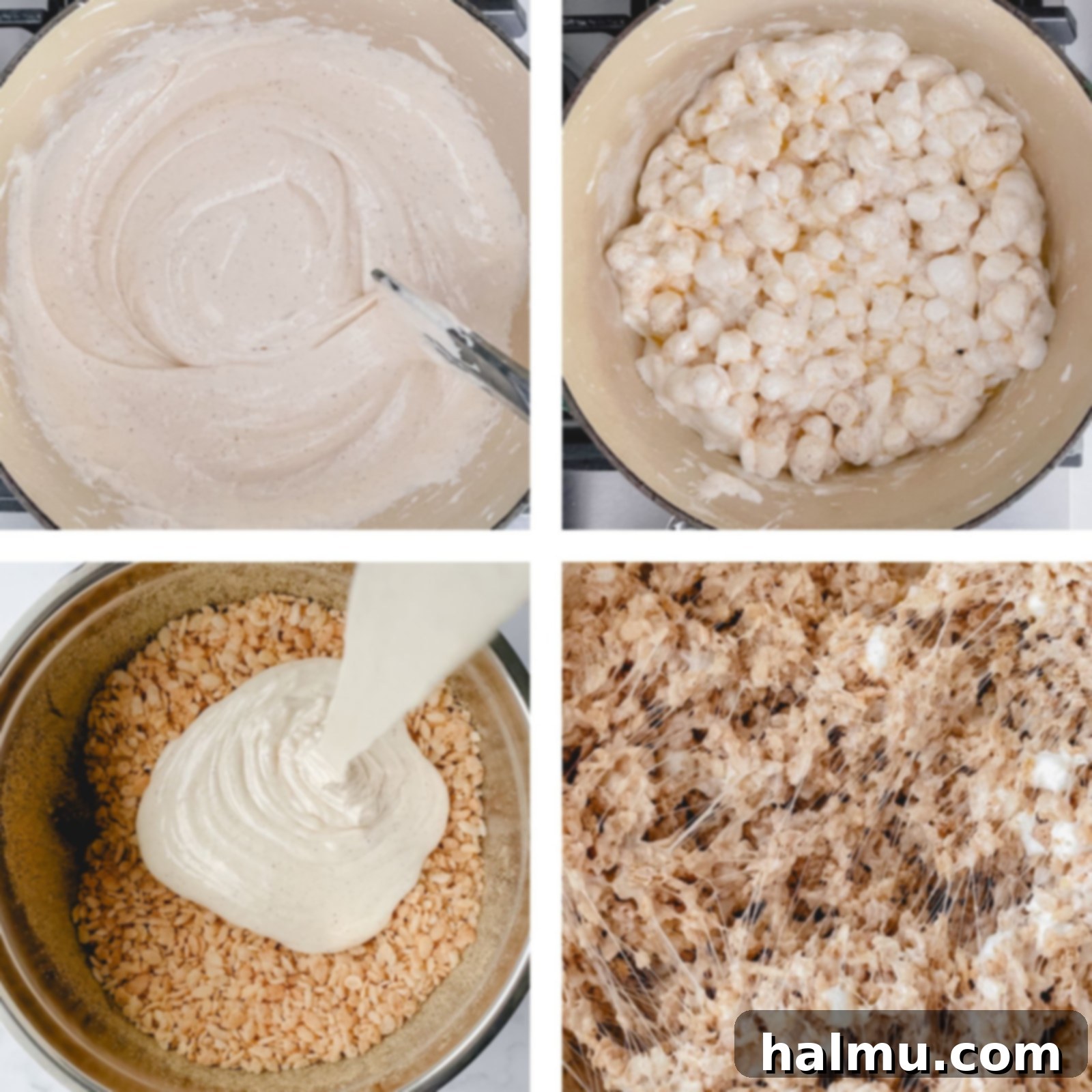 A stack of S'mores Rice Krispie Treats with visible layers of cereal, marshmallow, graham cracker, and chocolate drizzle.