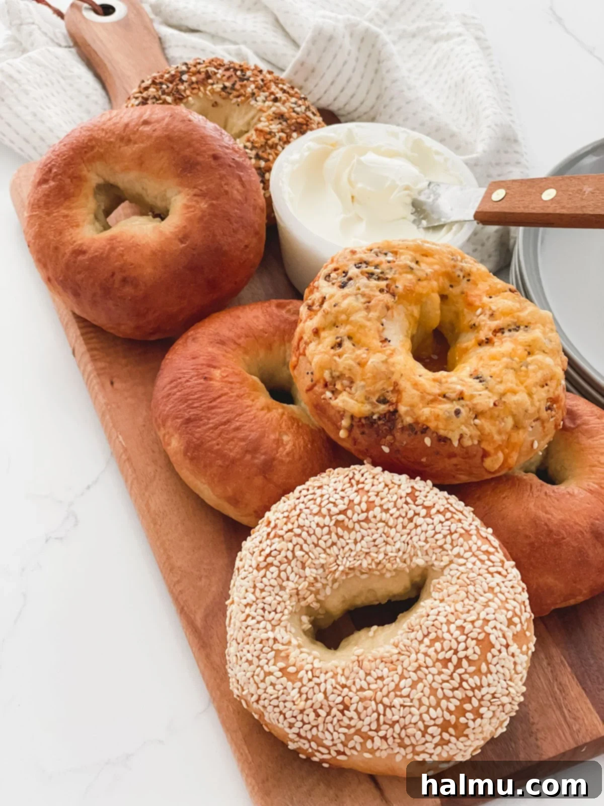 Deliciously Soft and Chewy Bagels 7 Close-up view of freshly baked bagels, one topped with everything seasoning and another with melted cheddar cheese
