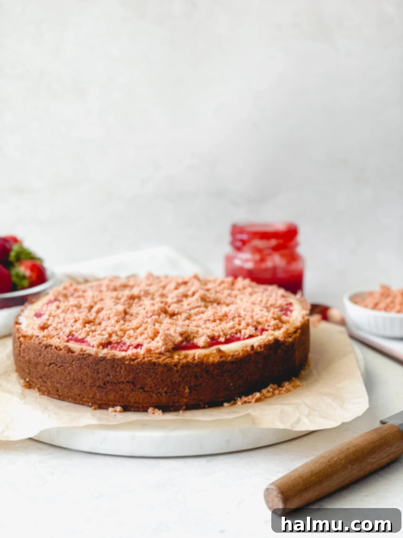 Ingredients laid out for Strawberry Crunch Cheesecake.