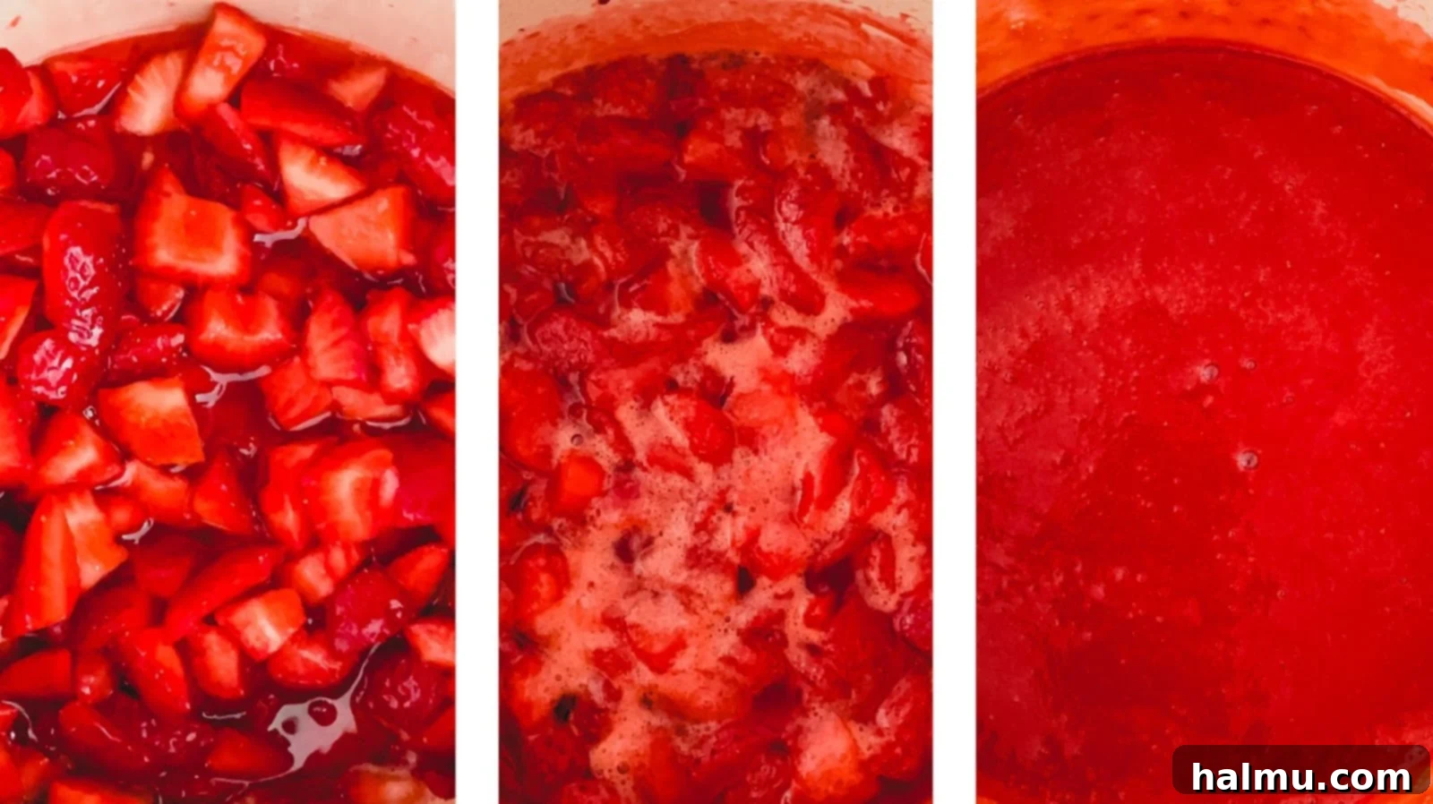 Strawberries simmering in a saucepan for the sauce.