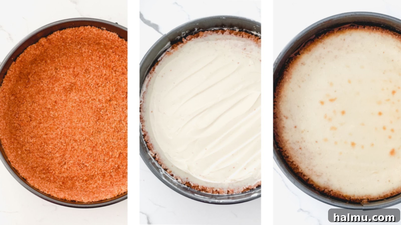 Freshly baked Strawberry Crunch Cheesecake cooling.