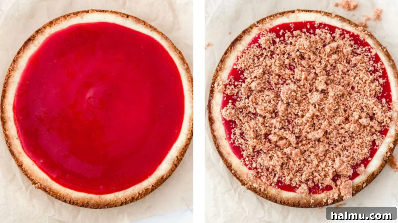 Strawberry Crunch Cheesecake topped with sauce and crumble.