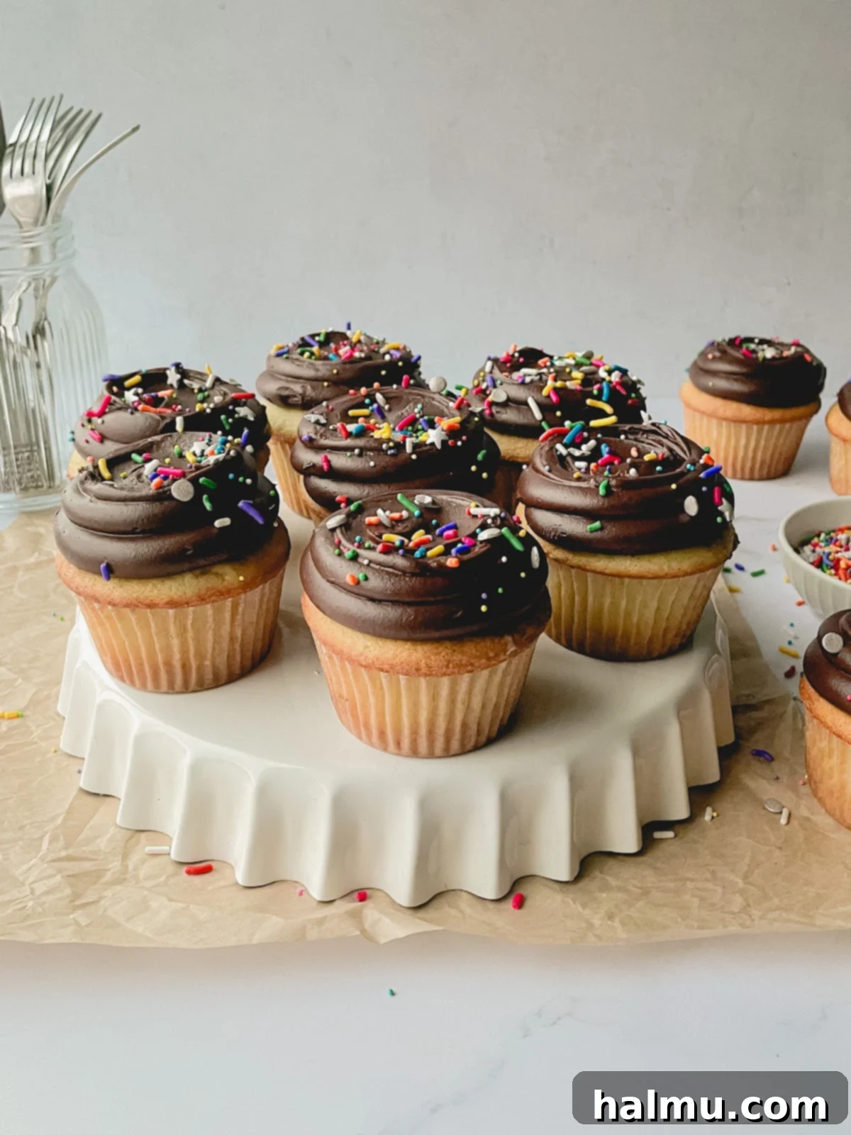 Vanilla cupcake topped with a whimsical swirl of chocolate cream cheese frosting