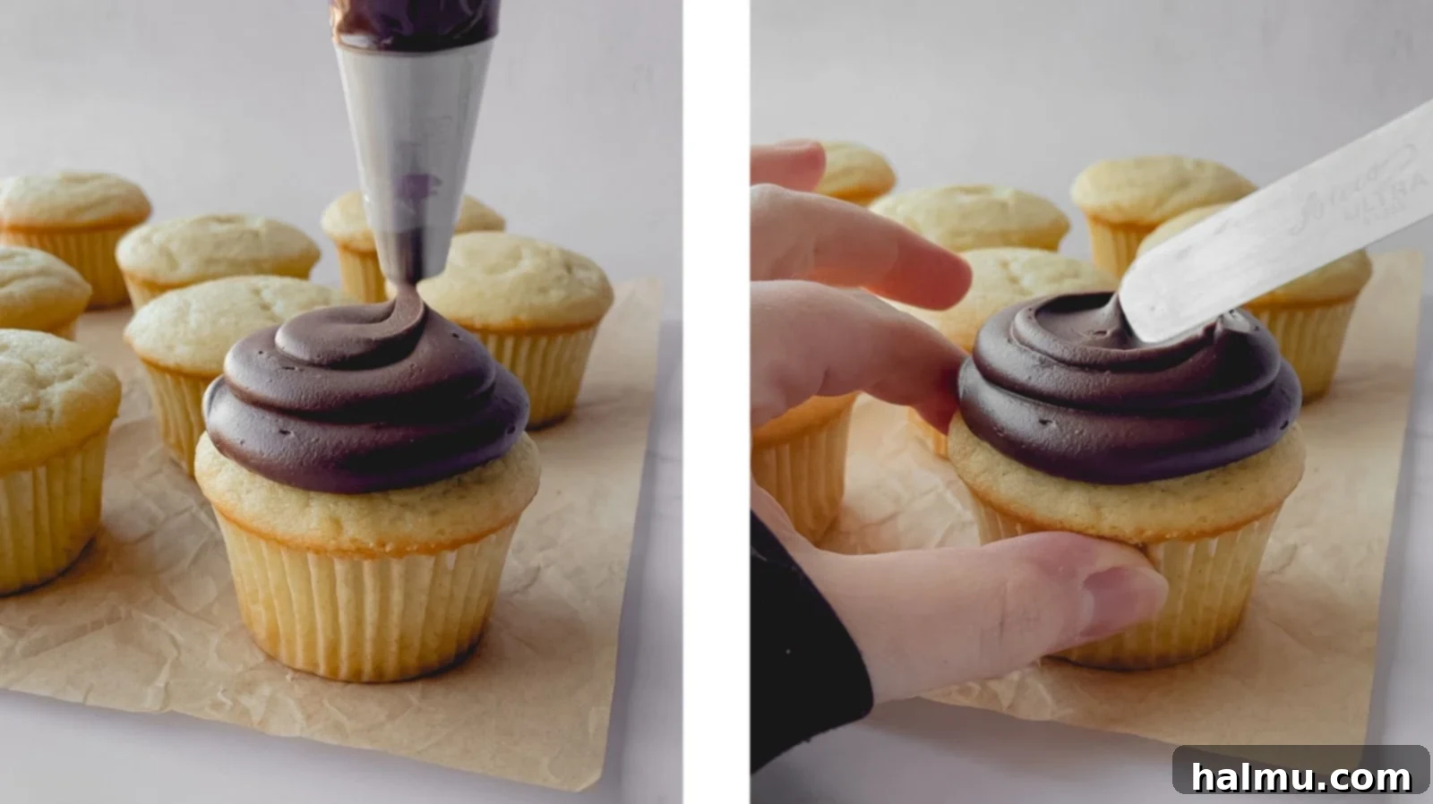 Step-by-step image: Piping concentric circles of chocolate frosting onto a vanilla cupcake