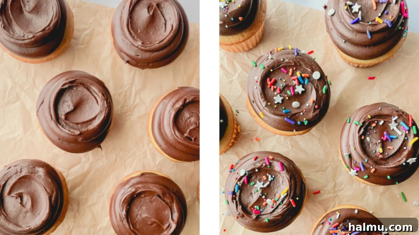 Step-by-step image: Using a small offset spatula to create a swirl on the frosting and adding sprinkles