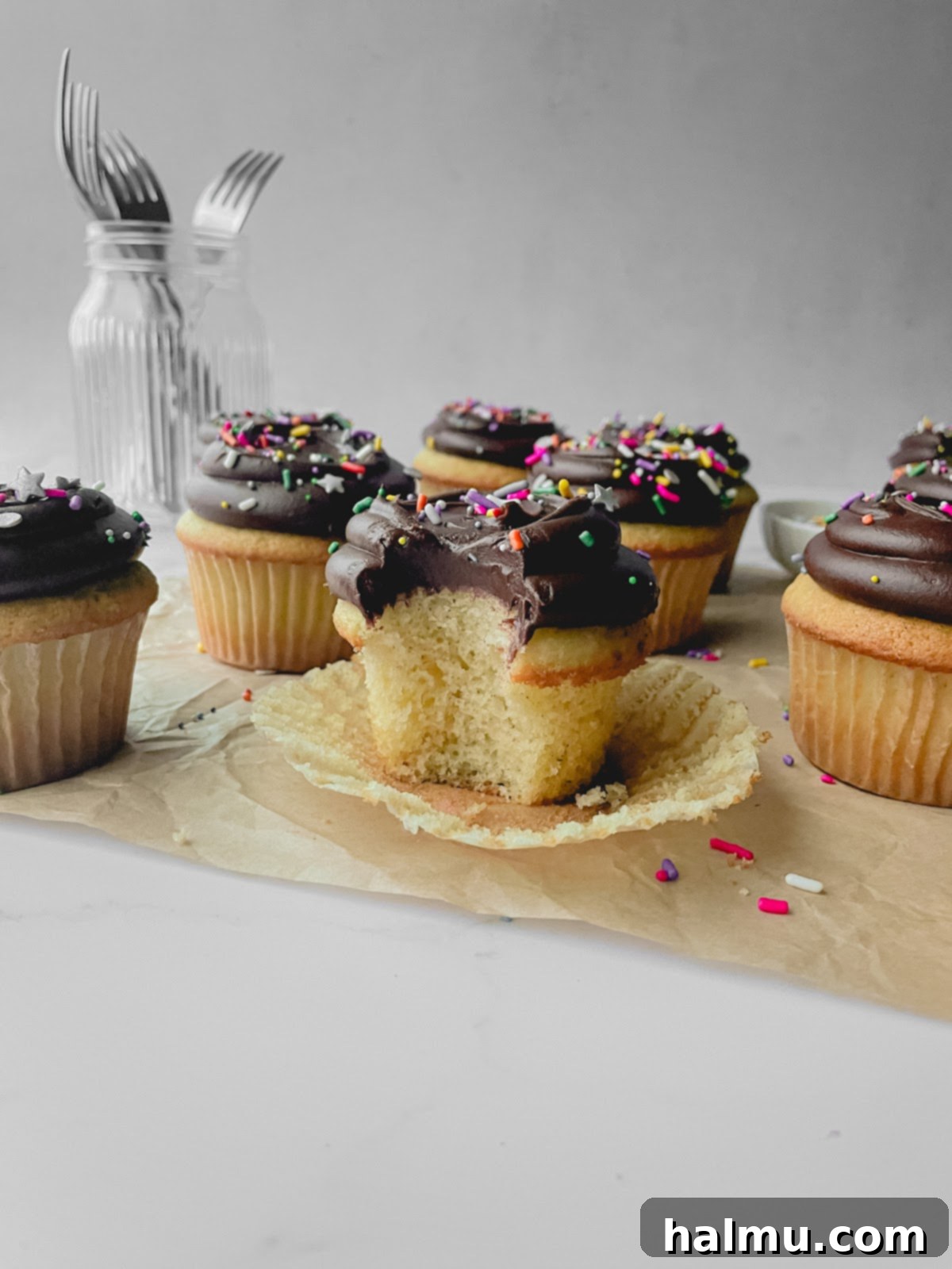 A beautifully decorated vanilla cupcake with chocolate frosting and sprinkles, perfectly set for eating.