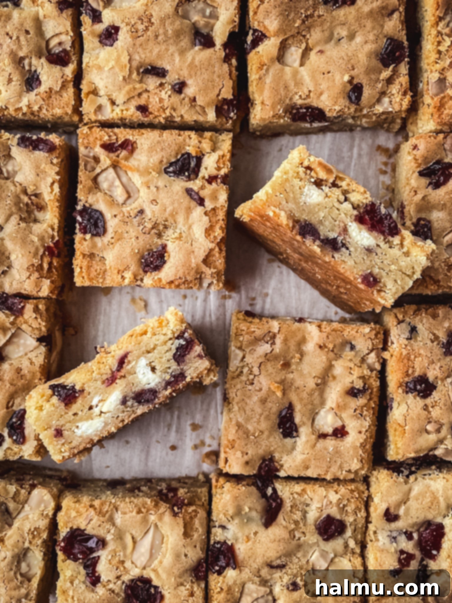 Close-up of freshly baked White Chocolate Cranberry Blondies with orange zest, ready to be served.