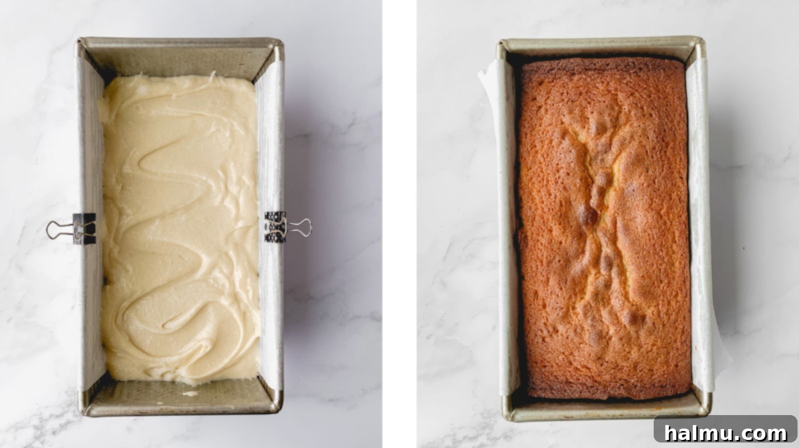 Freshly baked Yuzu Strawberry Pound Cake in a loaf pan