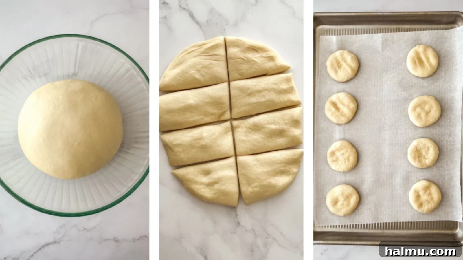 Decadent Chocolate Custard Brioche Donuts 4 A batch of brioche donut dough, divided and shaped into individual rounds, resting on parchment paper before frying.