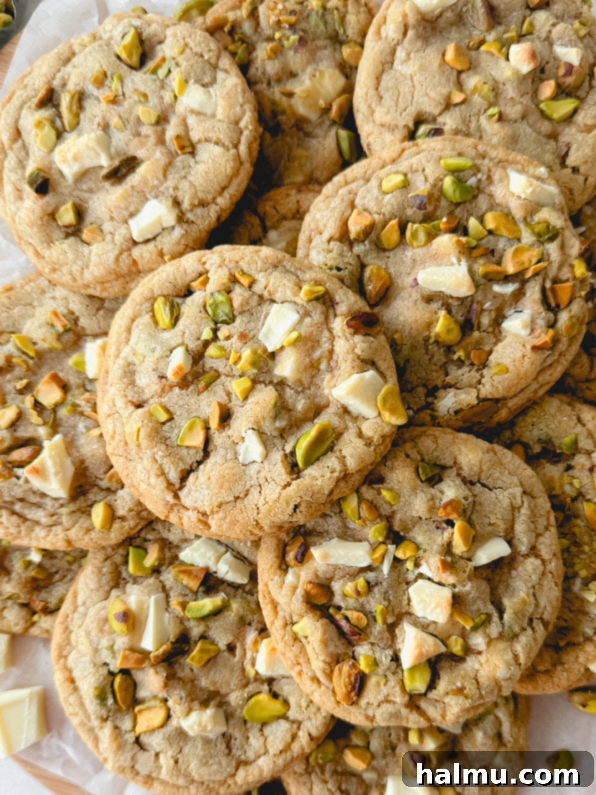 Divine White Chocolate Pistachio Cookies 7 A close-up of a rustic wooden cutting board with a scattering of pistachios, white chocolate chunks, and a freshly baked white chocolate pistachio cookie.