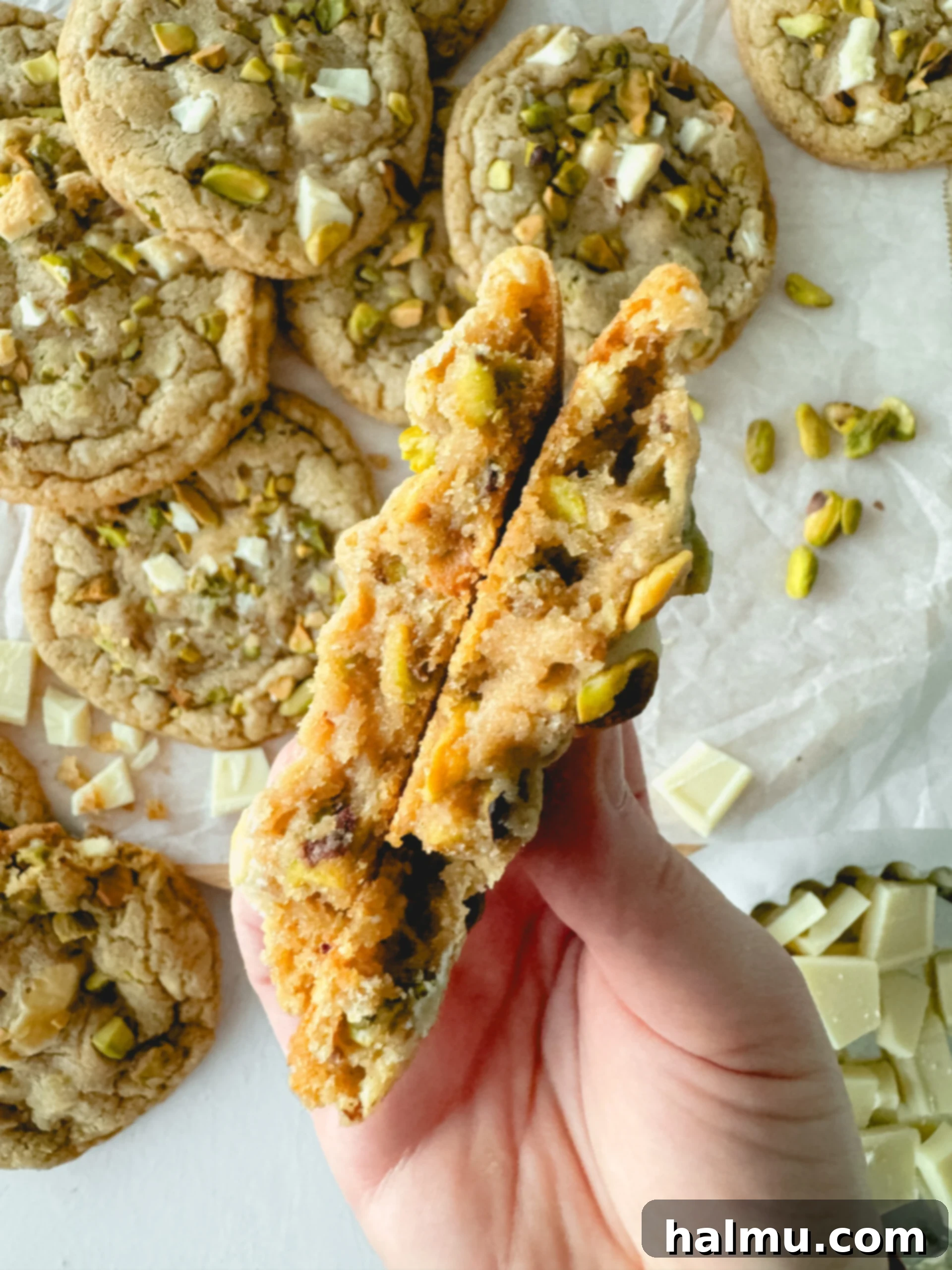 Divine White Chocolate Pistachio Cookies 3 A close-up shot of the white chocolate pistachio cookie dough, showing chopped pistachios and white chocolate folded into the rich batter.