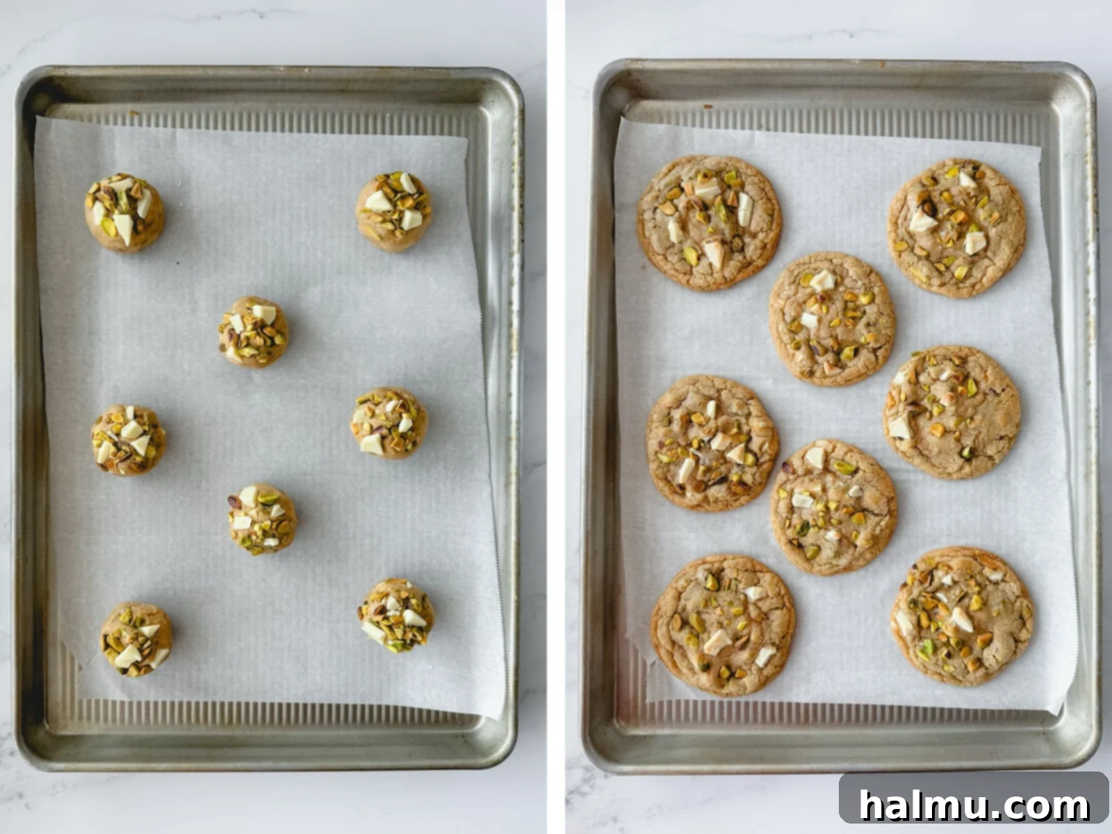 Divine White Chocolate Pistachio Cookies 5 A close-up of a stack of warm white chocolate pistachio cookies, showing their soft centers and glistening white chocolate.