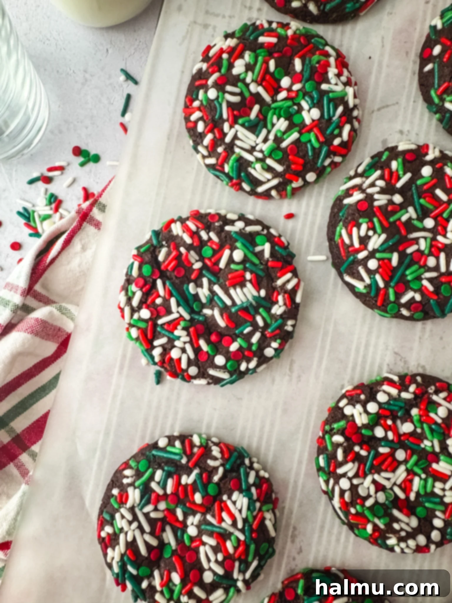 Close-up of baked Chocolate Sprinkle Cookies