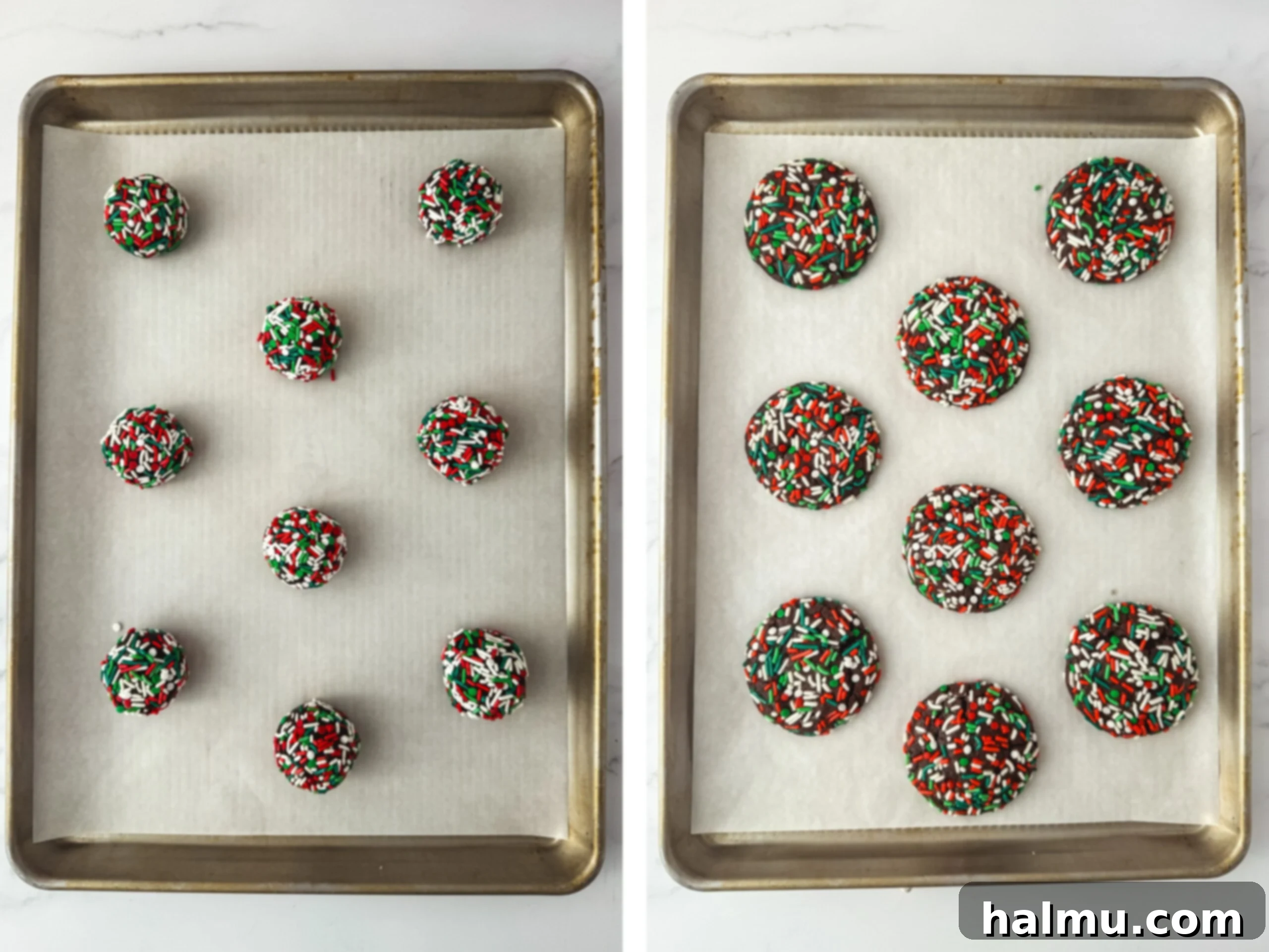 Cookie dough balls dipped in sprinkles and ready for chilling