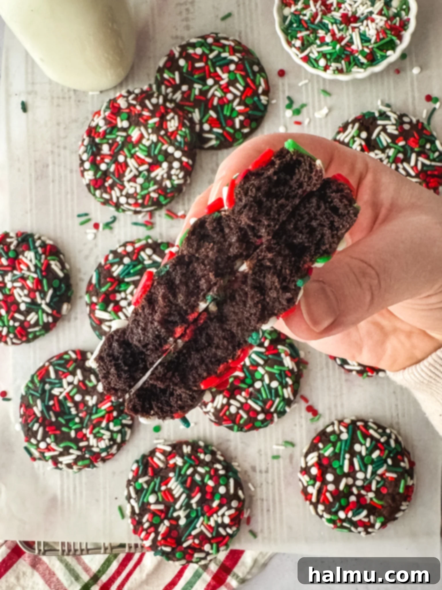 Freshly baked Chocolate Sprinkle Cookies on a cooling rack