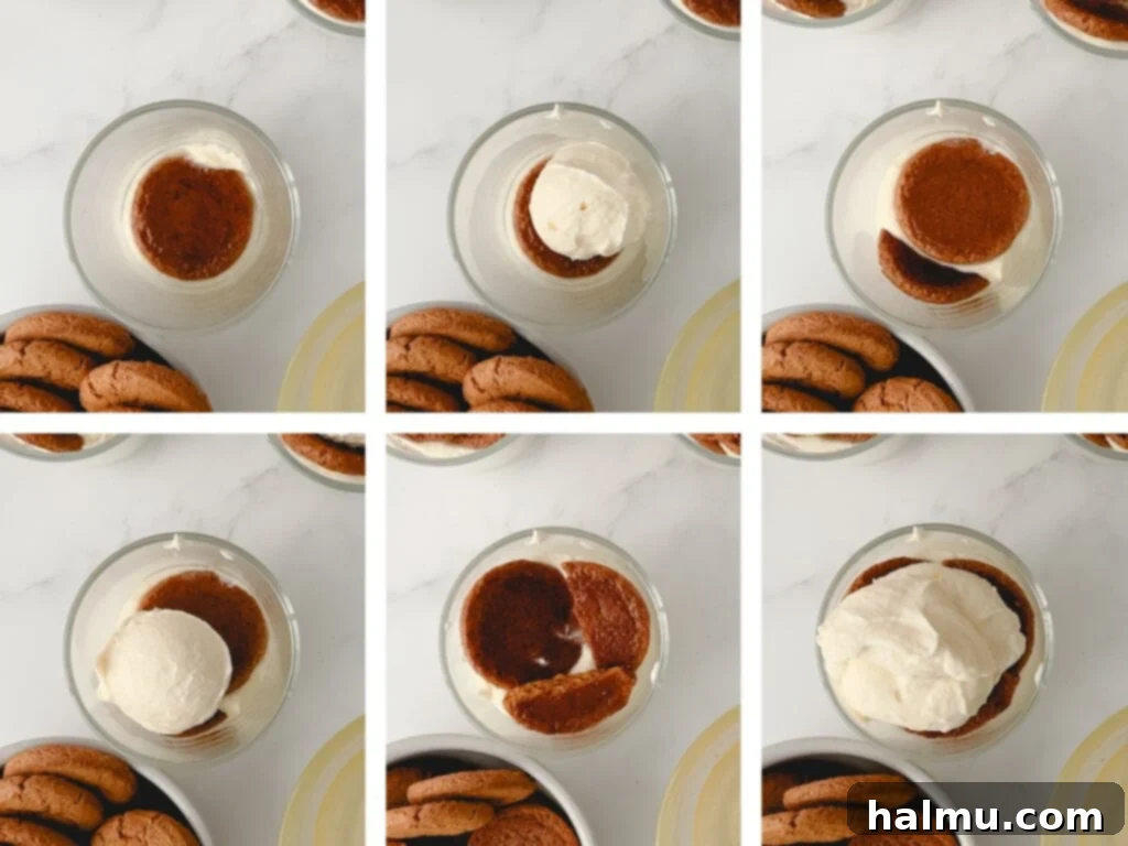 Zingy Gingersnap Tiramisu 4 Three individual Lemon Gingersnap Tiramisu cups in a row, with a full gingersnap cookie on top.