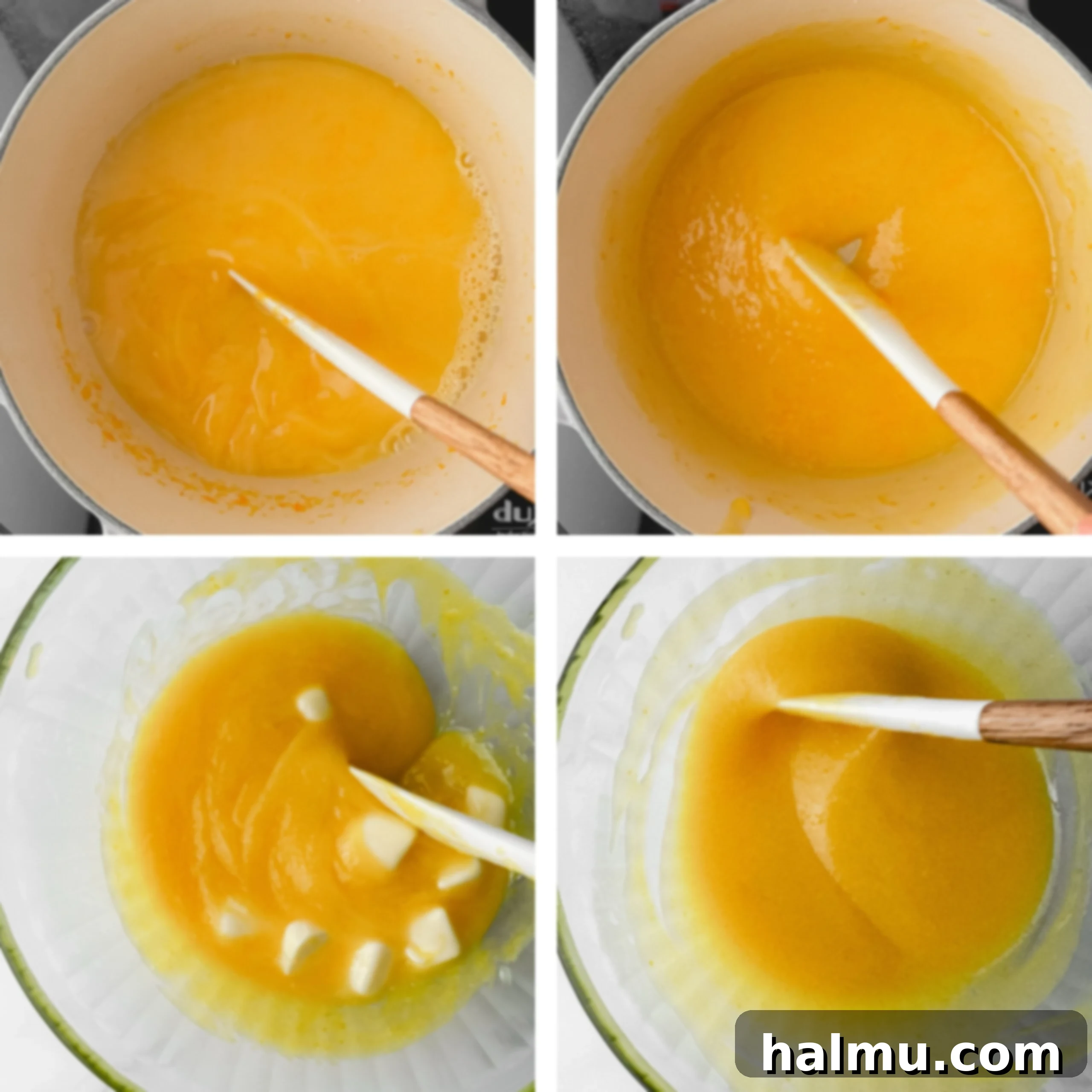 Freshly cooked orange curd being strained through a fine-mesh sieve into a bowl with cubed butter.