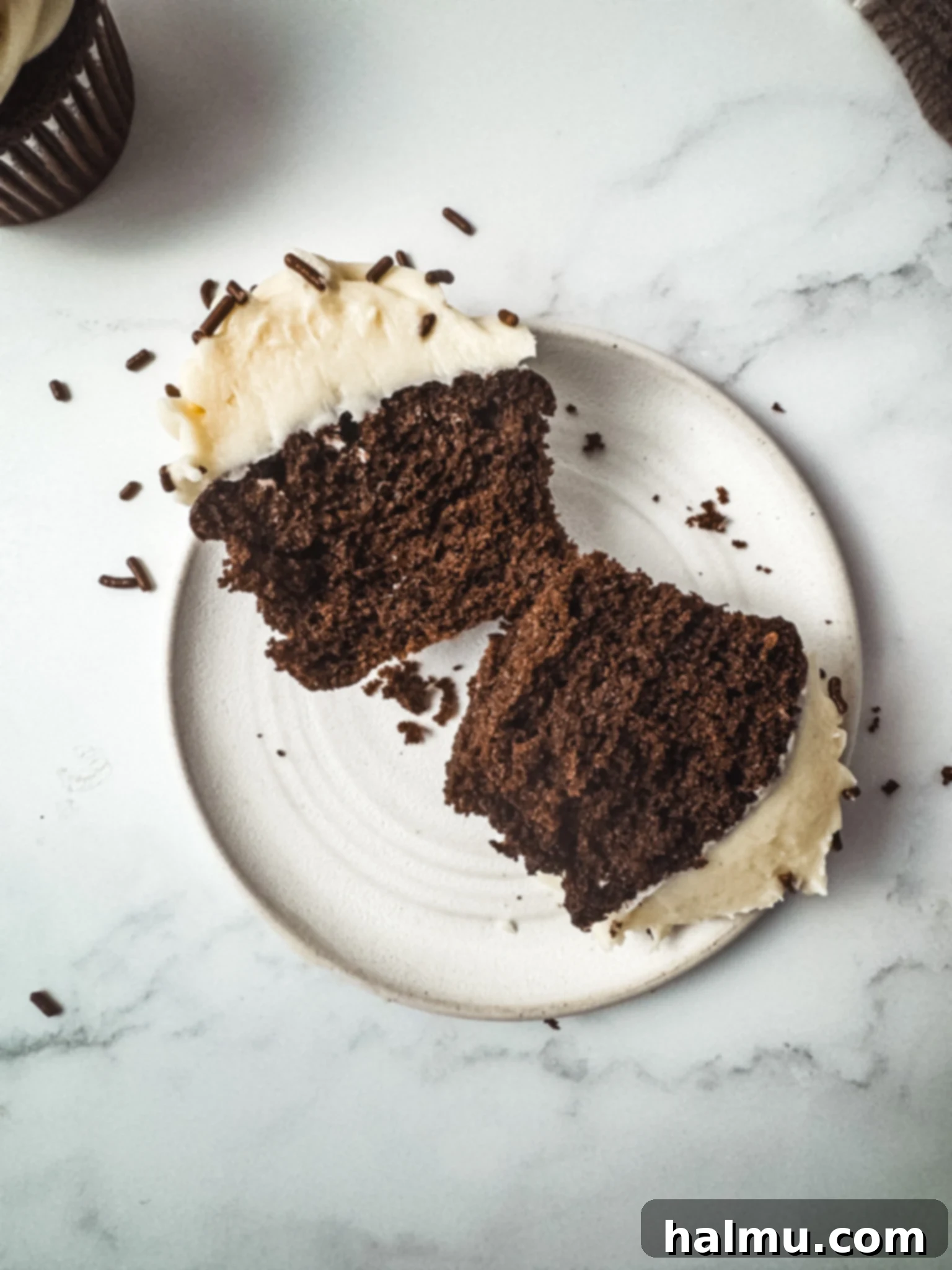 Rich Chocolate Cupcakes with Tangy Cream Cheese Frosting 7 A close-up of a chocolate cupcake with cream cheese frosting, topped with chocolate sprinkles