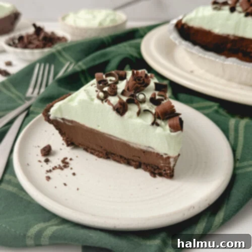 A stunning Chocolate Mint Cream Pie, featuring a rich chocolate cookie crust, creamy chocolate pastry, and a vibrant green mint whipped cream, garnished with chocolate curls.