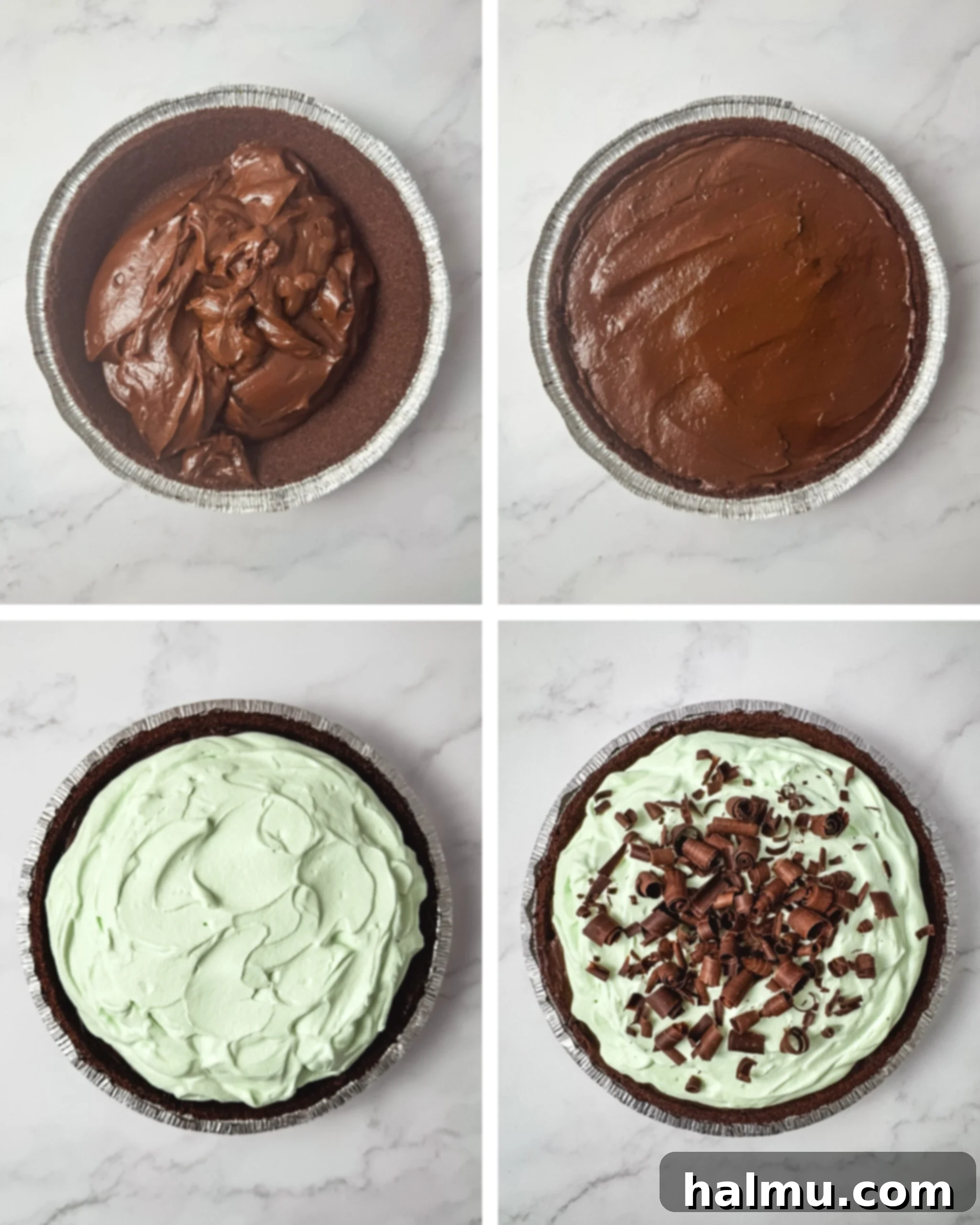 A completed Chocolate Mint Cream Pie, topped with a generous layer of mint whipped cream and chocolate curls, ready to be served.