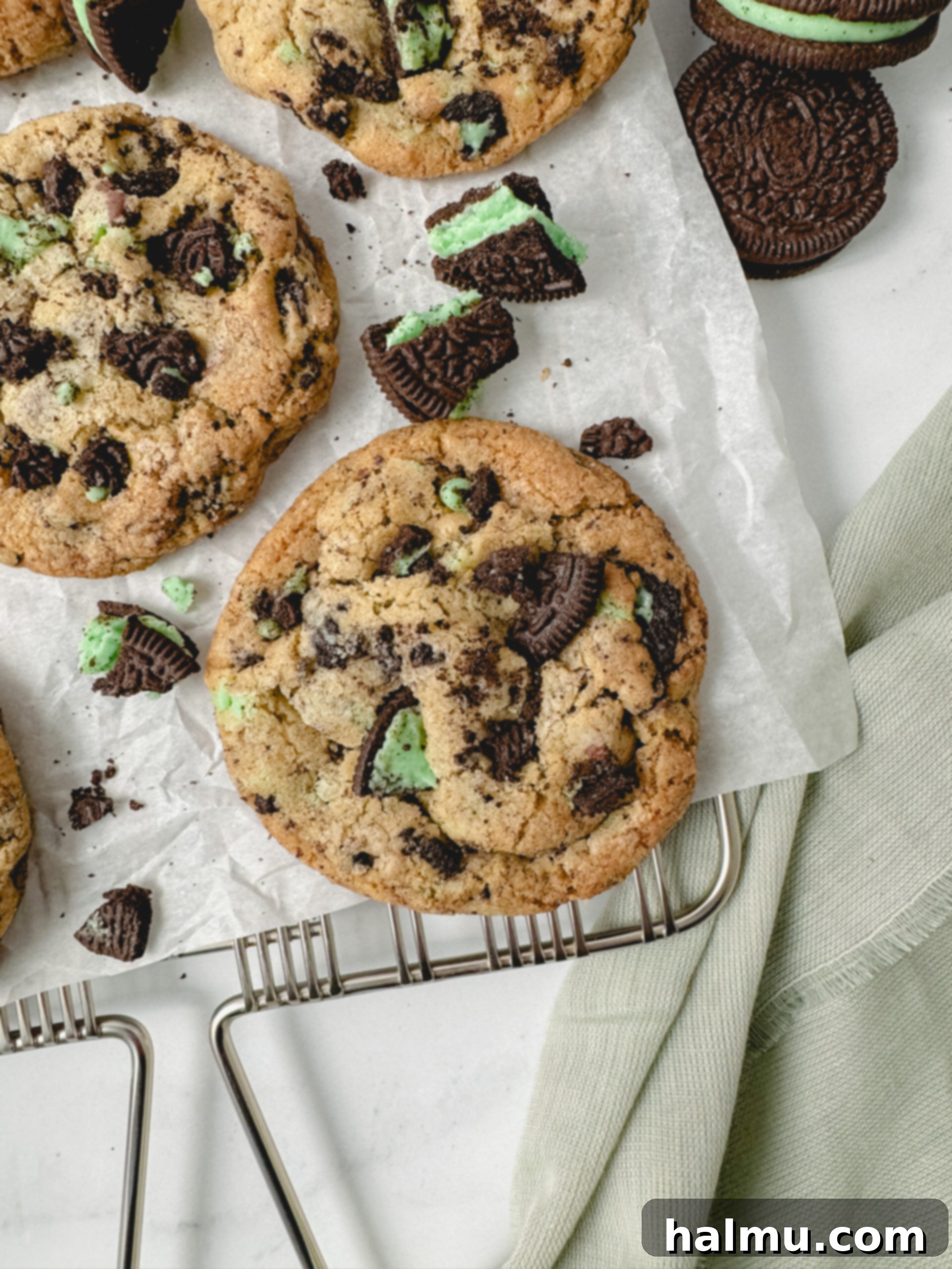 Mint Oreo Indulgence 3 Close-up of Mint Oreo Cookie dough with crushed Oreos and chocolate chips