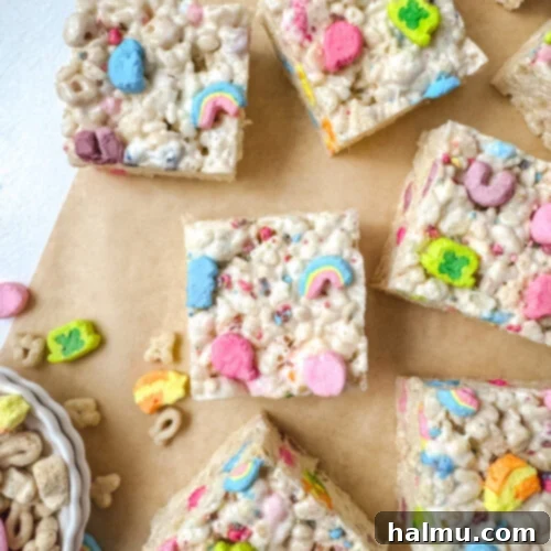 Lucky Charms Krispie Treats on a tray