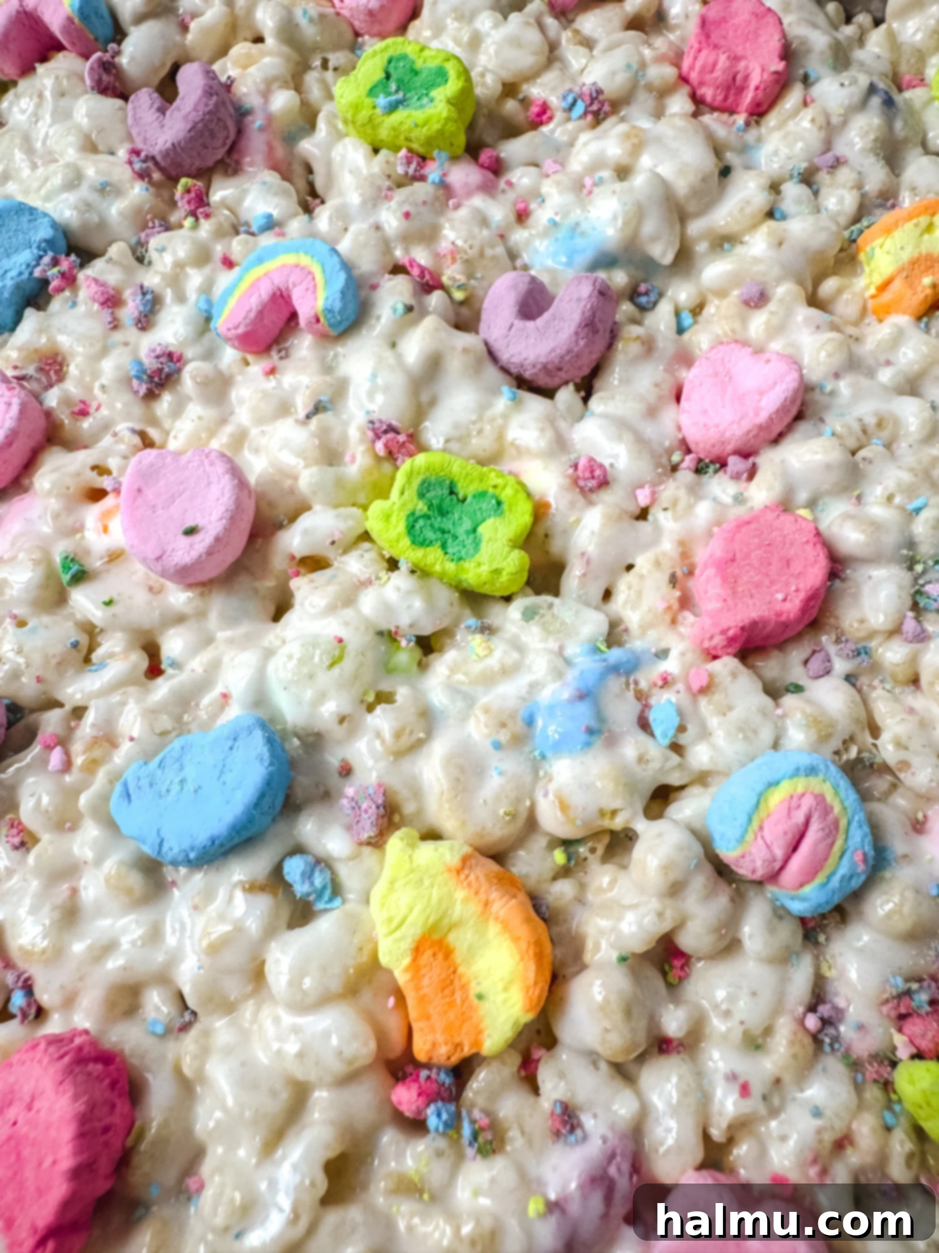 Close-up of Lucky Charms Krispie Treats showing the marshmallow charms