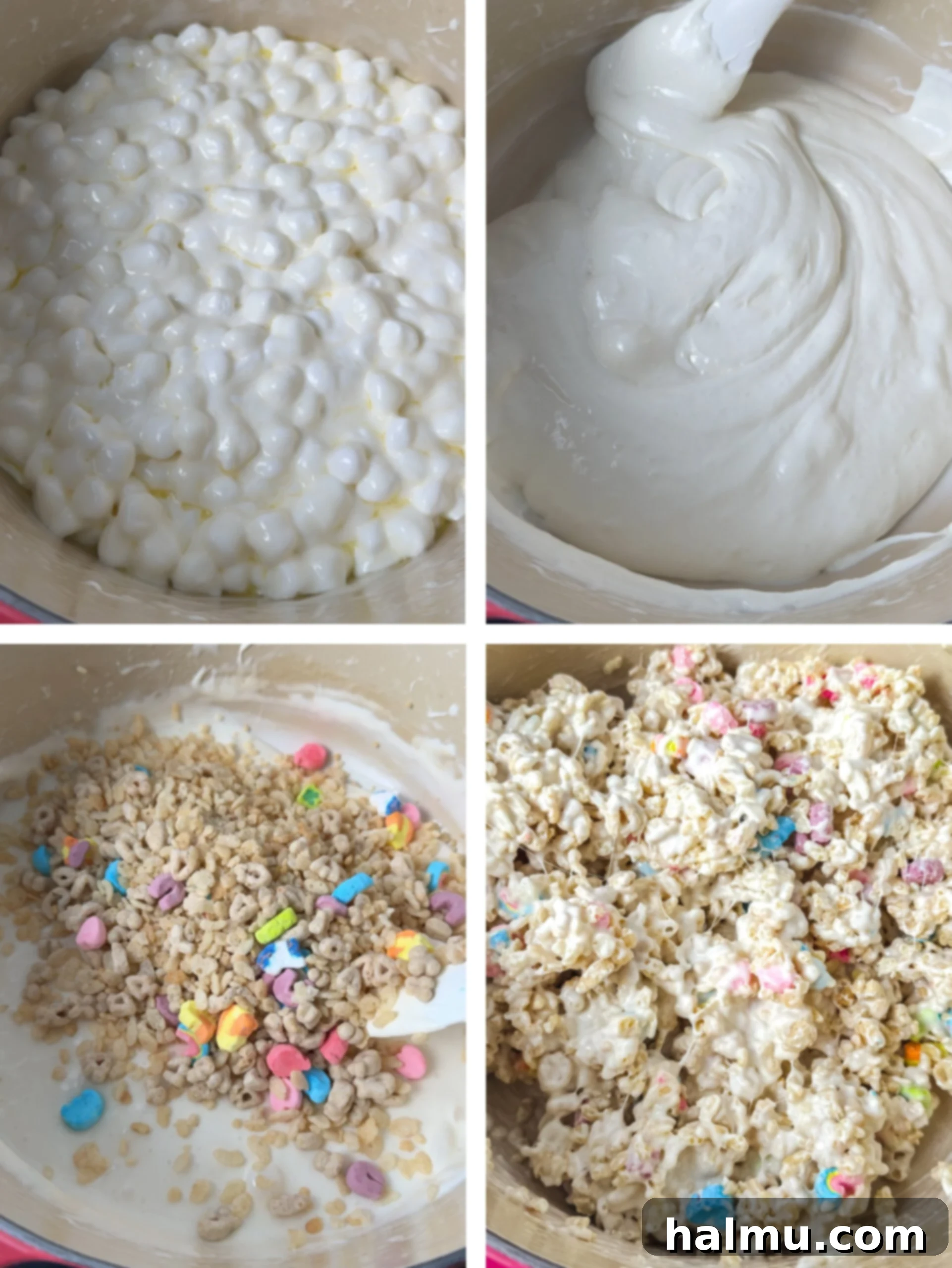 Stirring melted marshmallows and butter in a pot