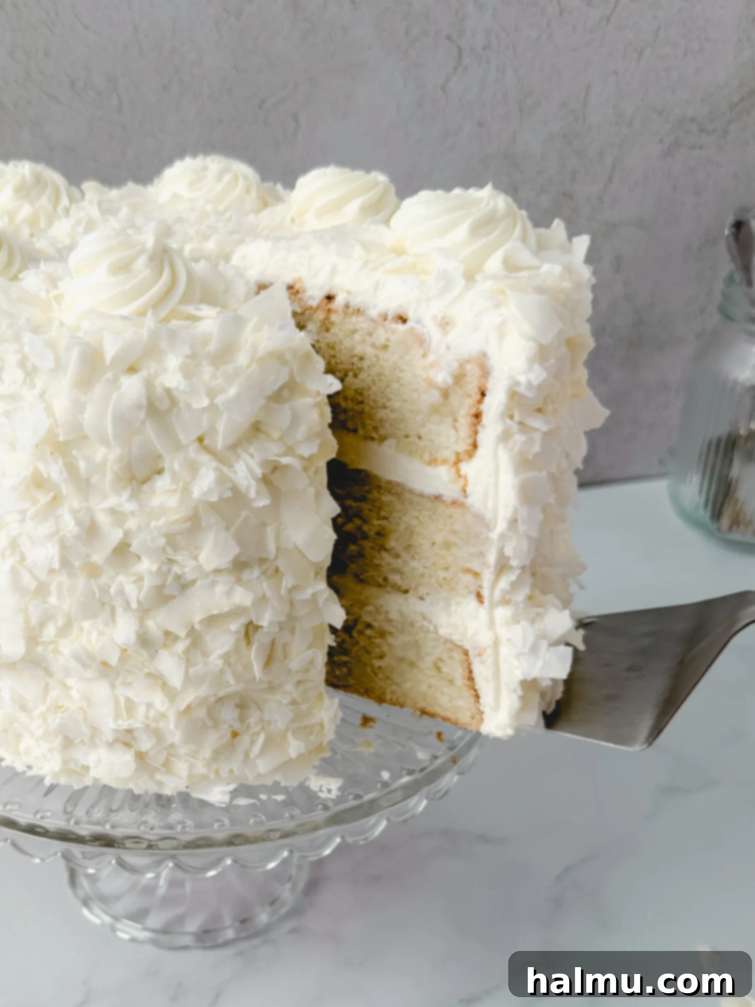 Close-up shot of a slice of coconut layer cake, showing the moist cake layers and creamy frosting.