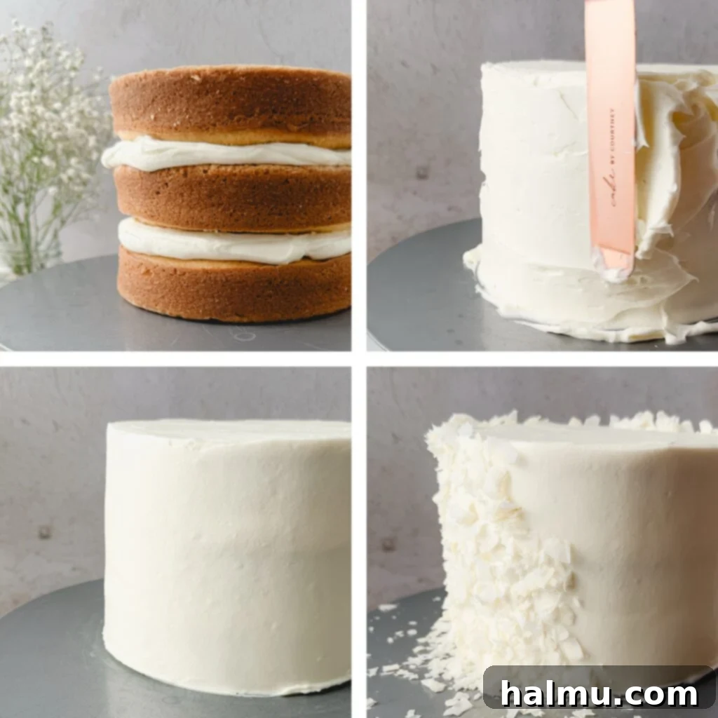 Overhead shot of a beautifully decorated coconut cake with rosettes and coconut flakes.