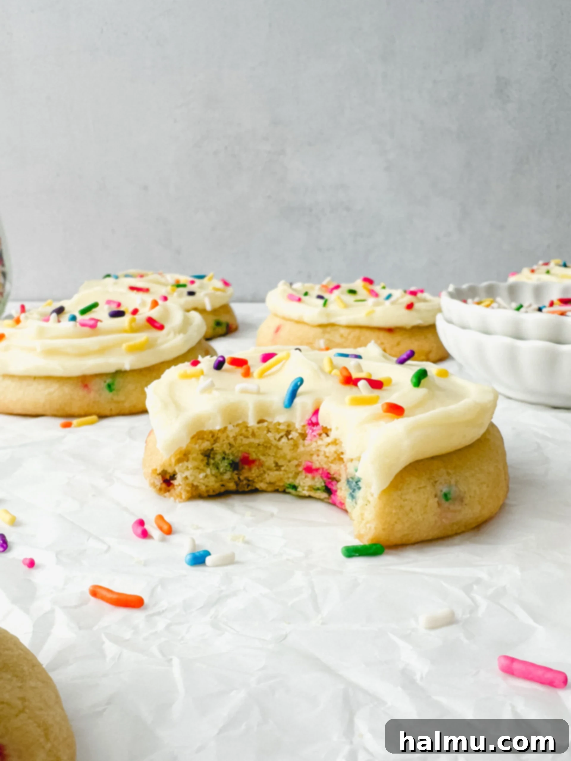 Funfetti Cake Cookies 8 Two Birthday Cake Cookies in a stack with abundant sprinkles