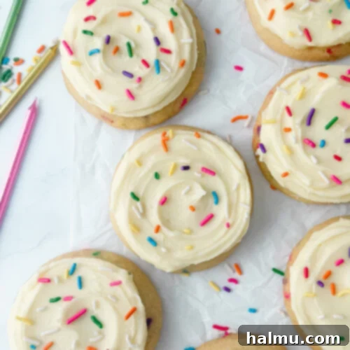 Funfetti Cake Cookies 10 Close-up of a stack of frosted Birthday Cake Cookies