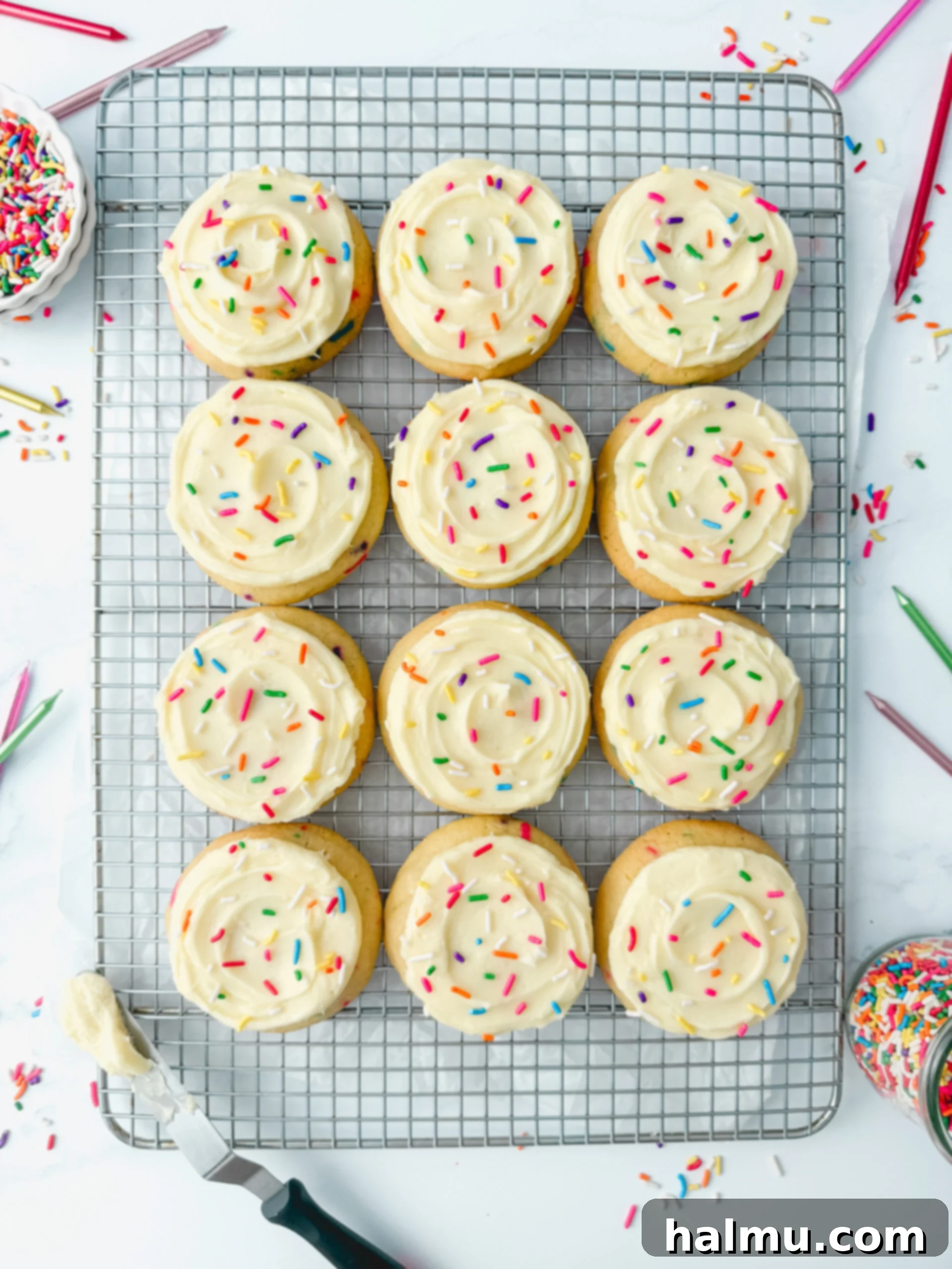 Funfetti Cake Cookies 6 Several frosted Birthday Cake Cookies with colorful sprinkles