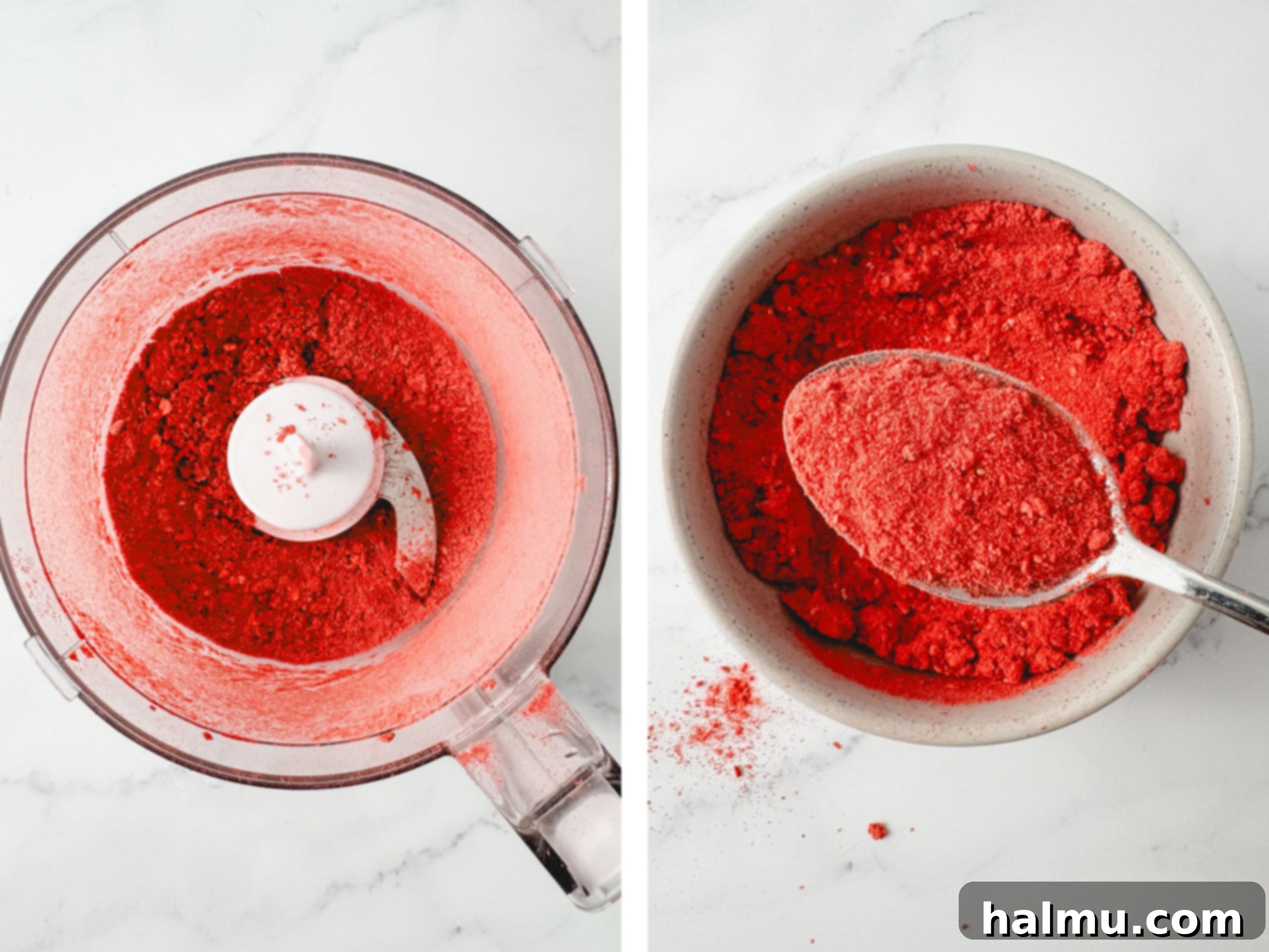 A kitchen scale with a bowl of freeze-dried strawberries, emphasizing the importance of weighing ingredients.