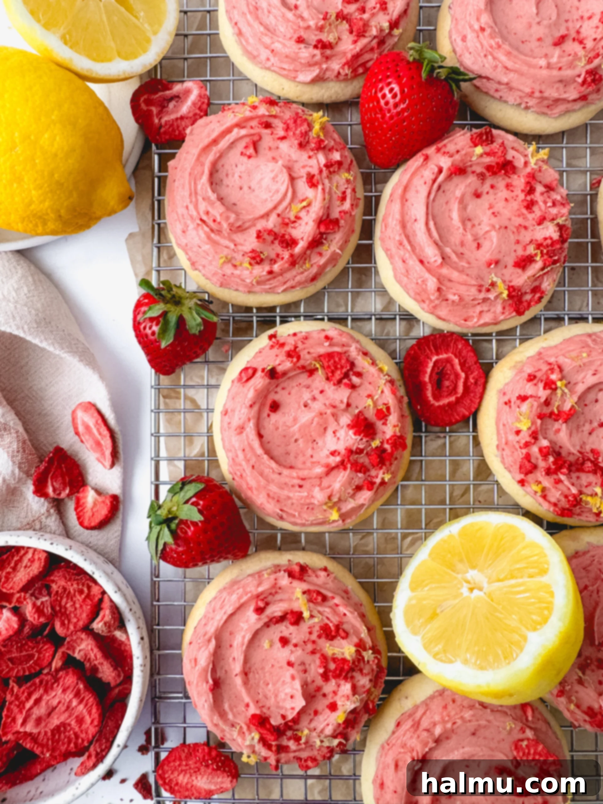 Close-up of a Strawberry Lemonade Cookie with a bite taken out, showing the soft interior