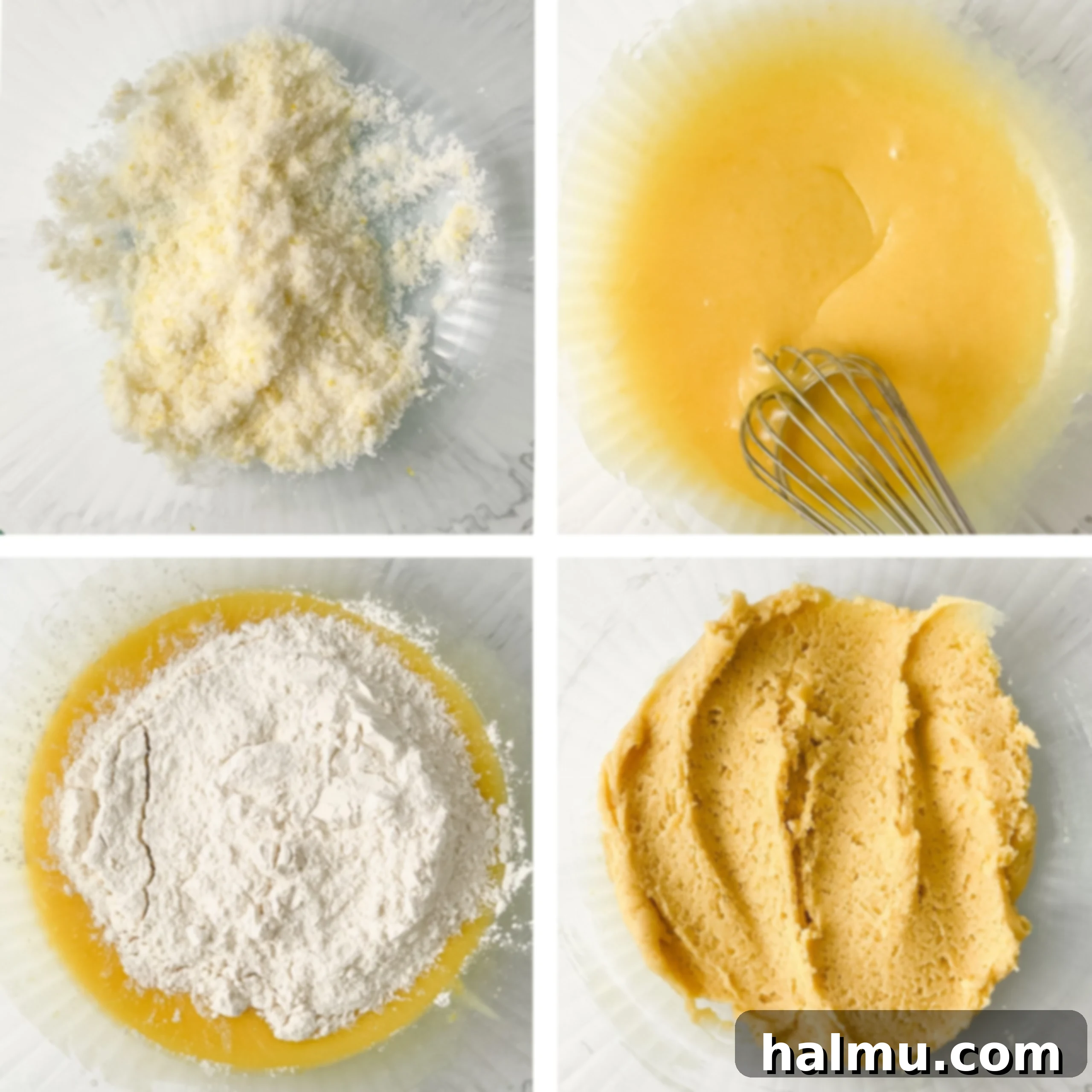 Ingredients for lemon sugar cookie dough being mixed in a bowl
