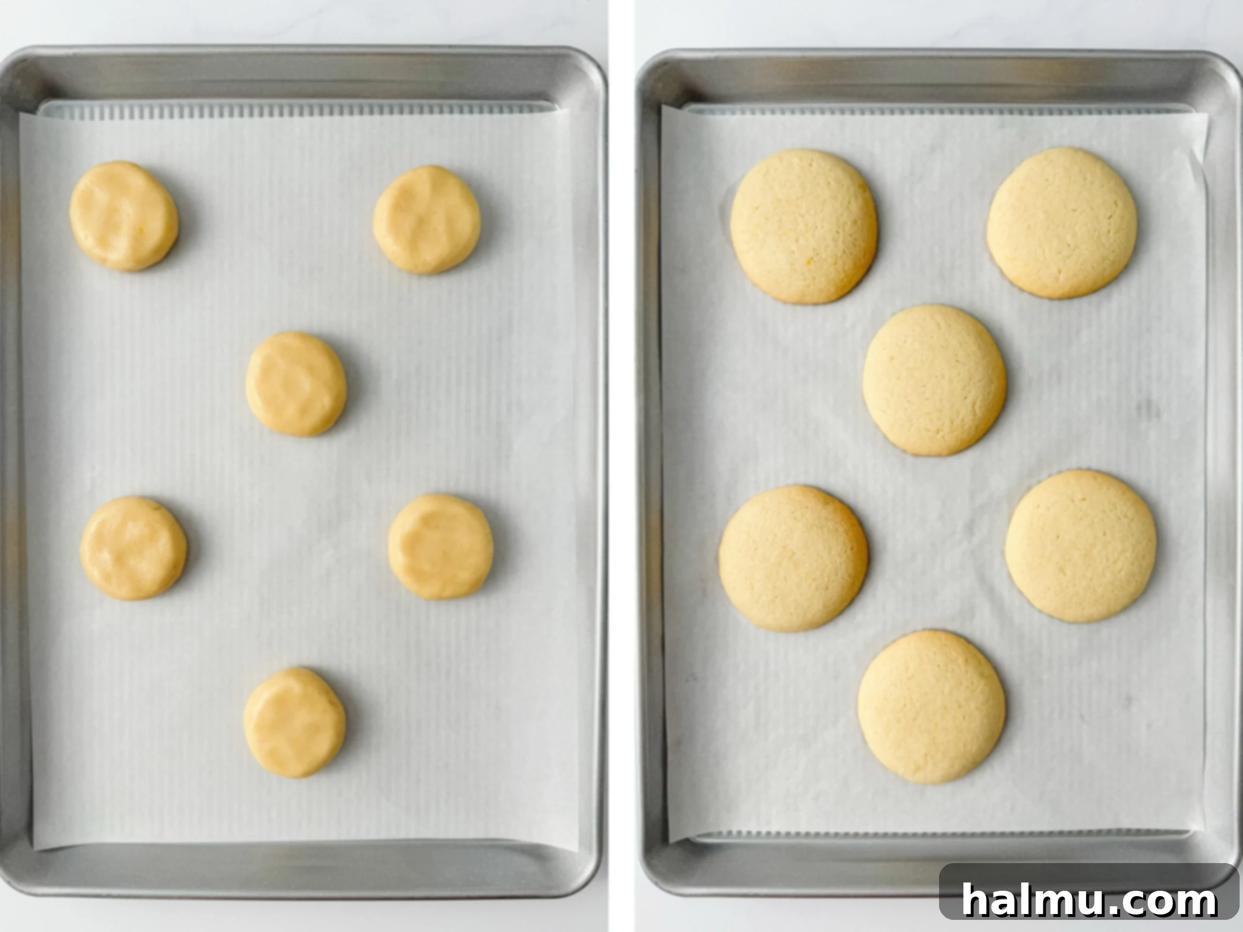 Cookie dough balls flattened on a parchment-lined baking sheet