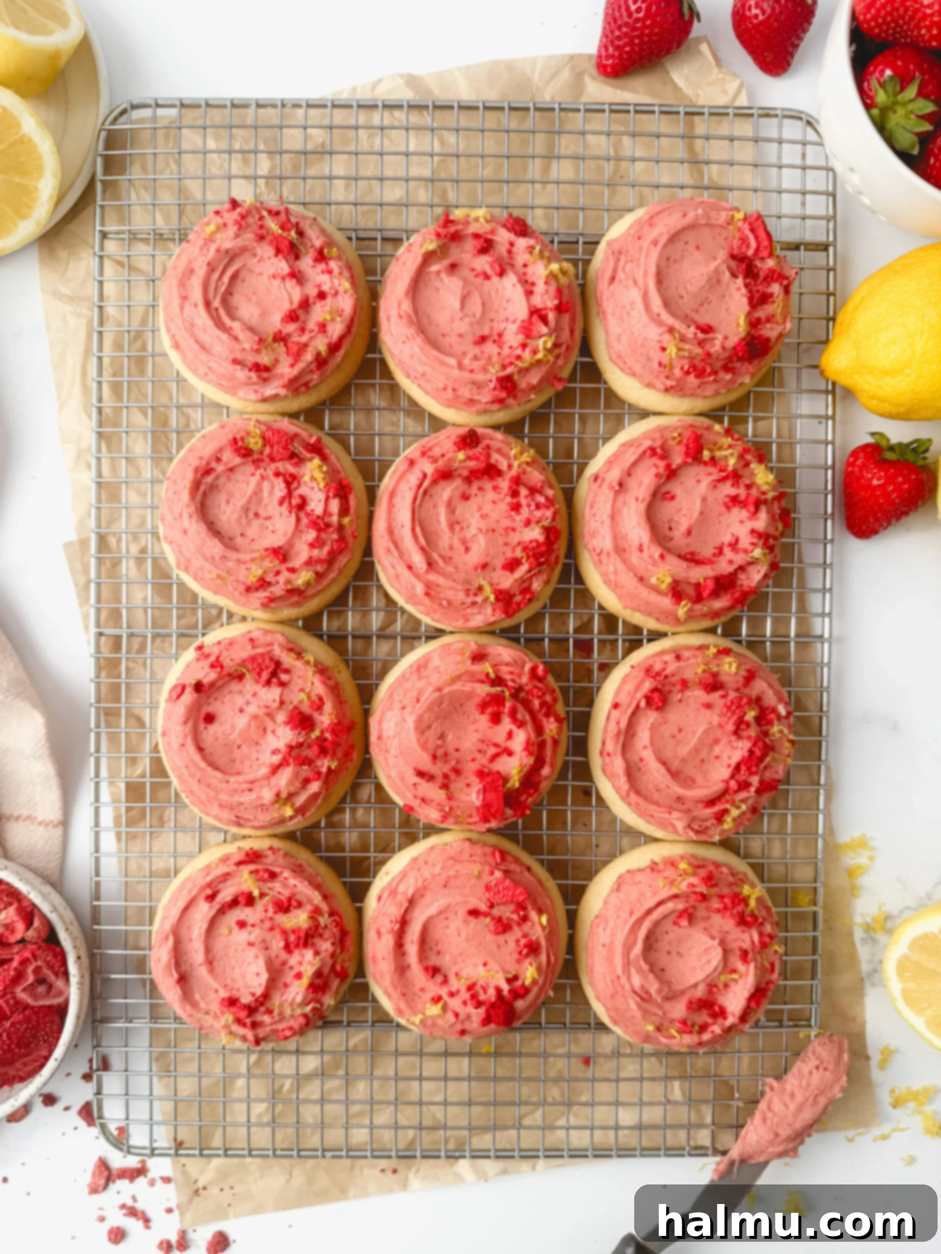 Decorated Strawberry Lemonade Cookie with frosting swirl and garnishes