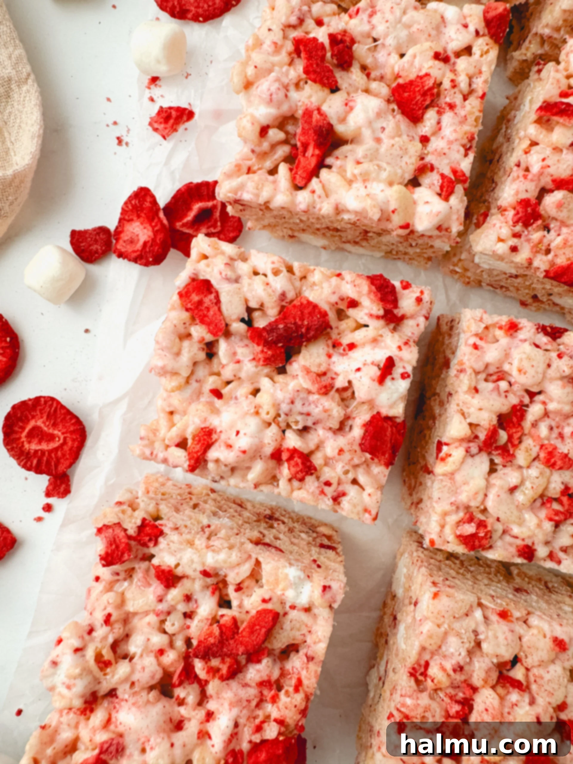 Close-up of freshly made Strawberry Rice Krispie Treats with a vibrant pink hue and visible pieces of freeze-dried strawberries, showcasing their delightful texture.