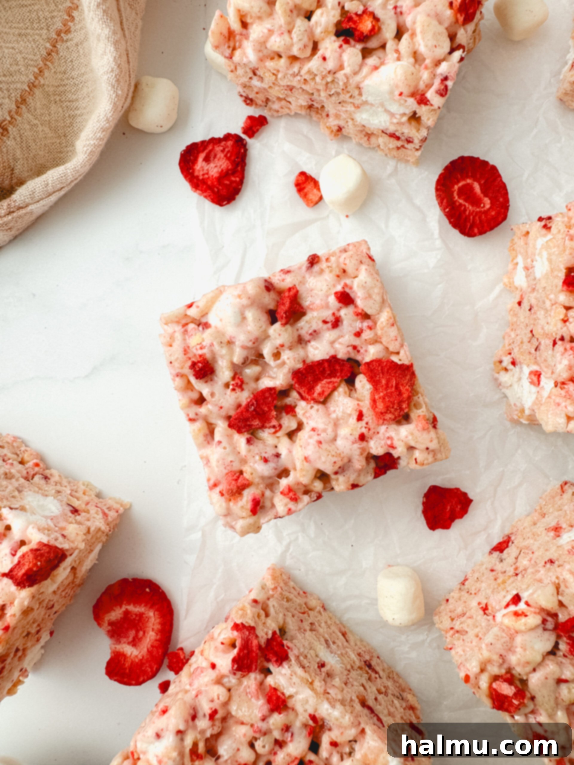 A stack of three homemade Strawberry Rice Krispie Treats on a white plate, showing the soft, chewy interior and speckled with bright red freeze-dried strawberry pieces.