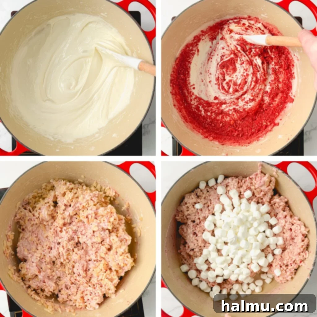 Melted butter and marshmallows being stirred in a large pot, forming a smooth, gooey base for the Krispie treats.