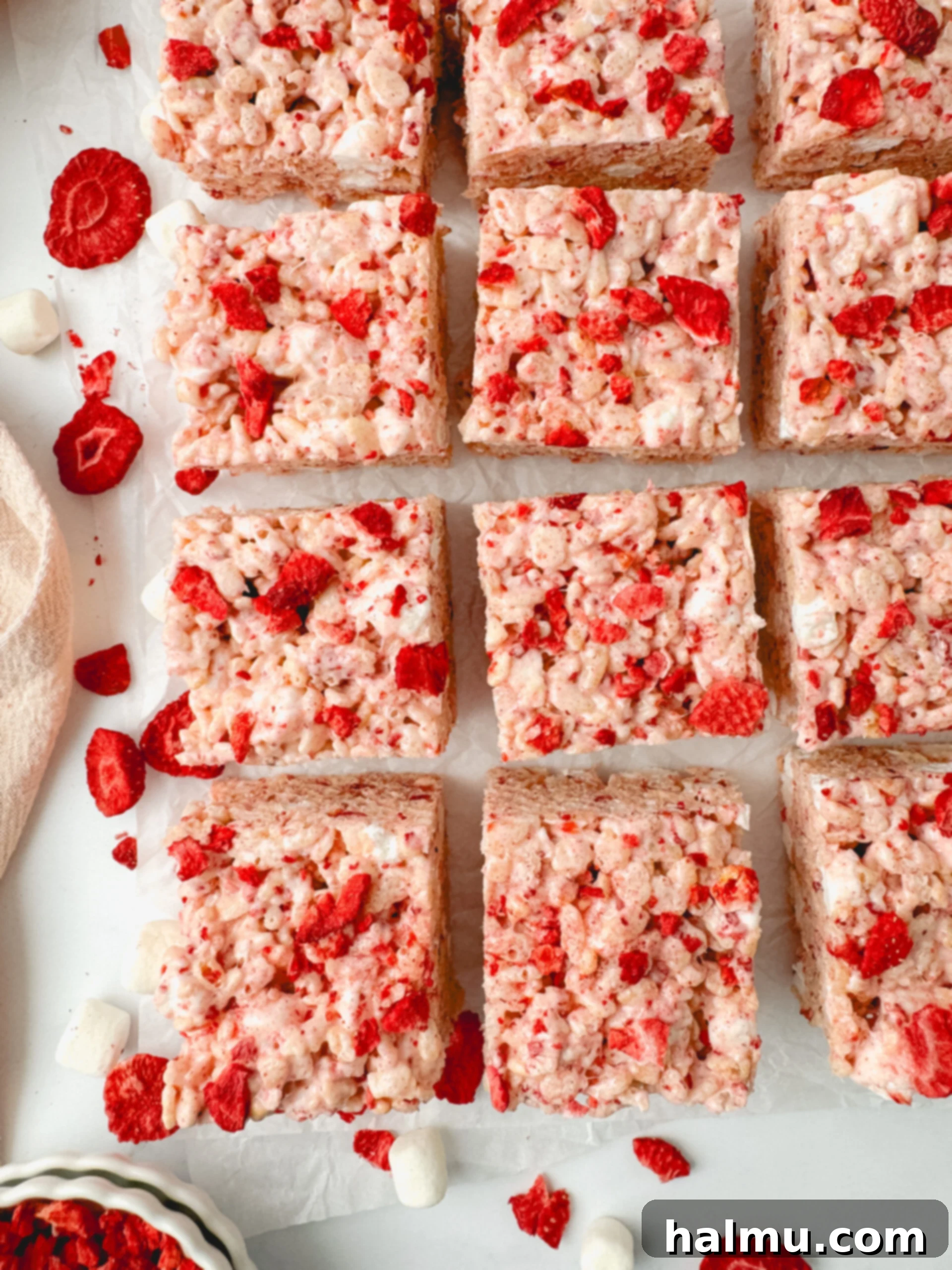 A close-up of a Strawberry Rice Krispie Treat, cut into a square, with visible marshmallow and strawberry pieces, ready to be eaten.