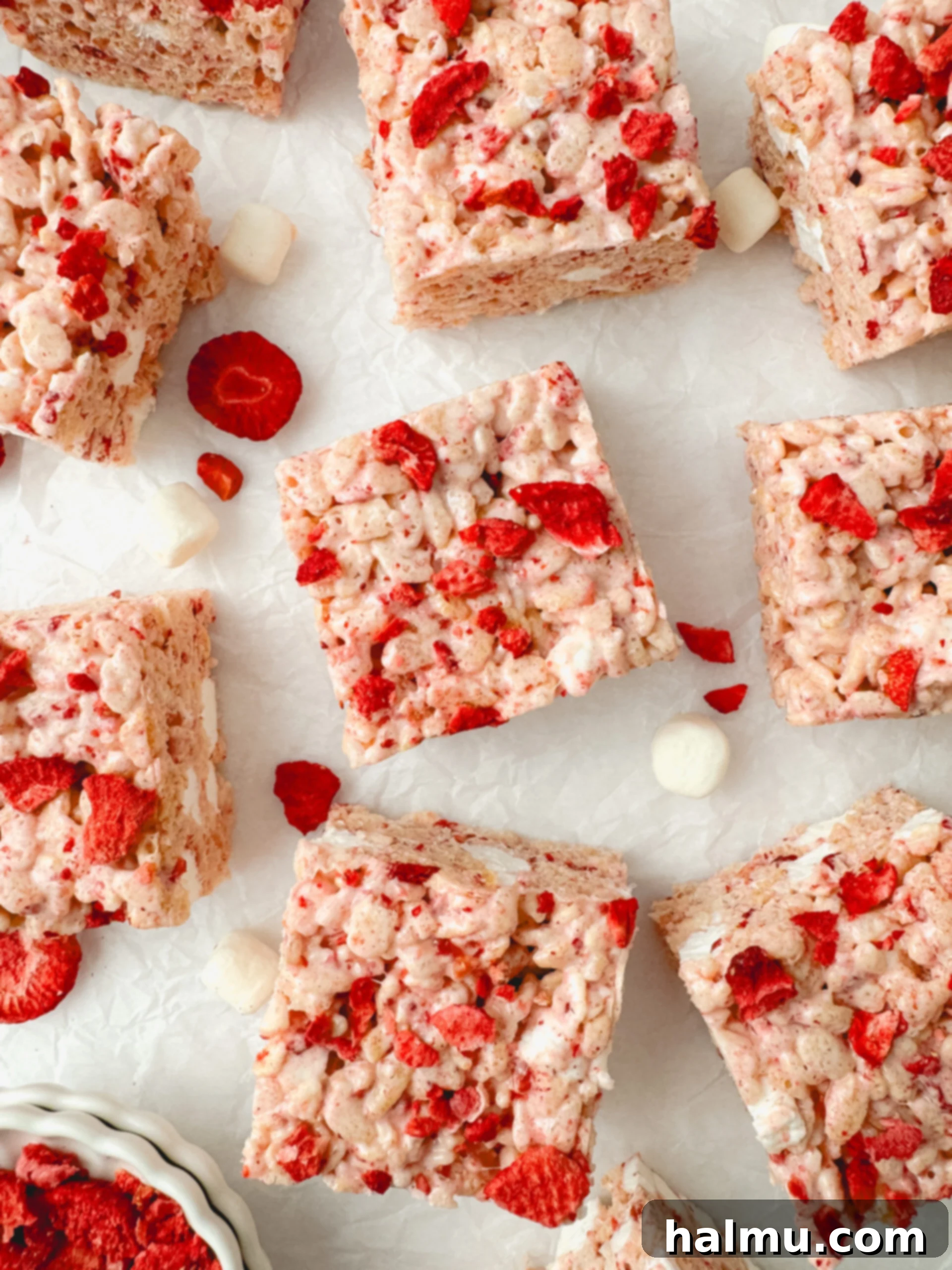 A close-up shot of a hand holding a freshly cut Strawberry Rice Krispie Treat, highlighting the texture and vibrant color.