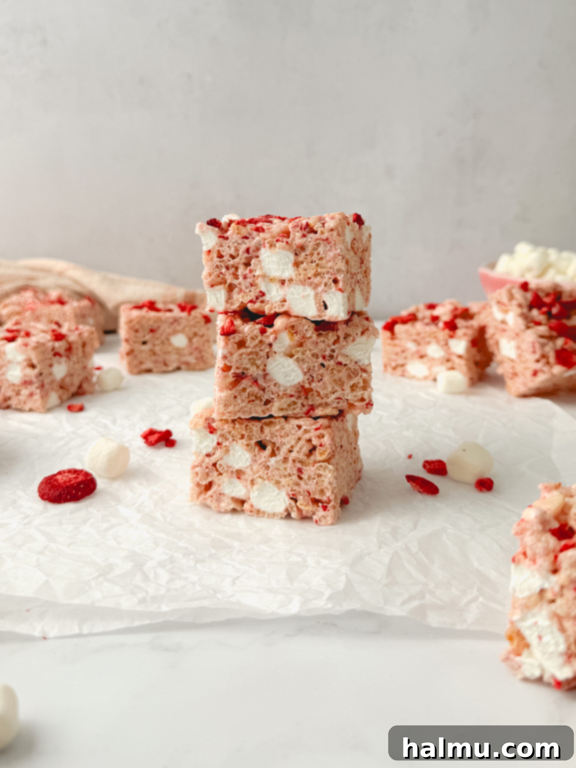 A top-down view of a tray of freshly made Strawberry Rice Krispie Treats, neatly cut into squares and garnished with extra freeze-dried strawberry pieces.