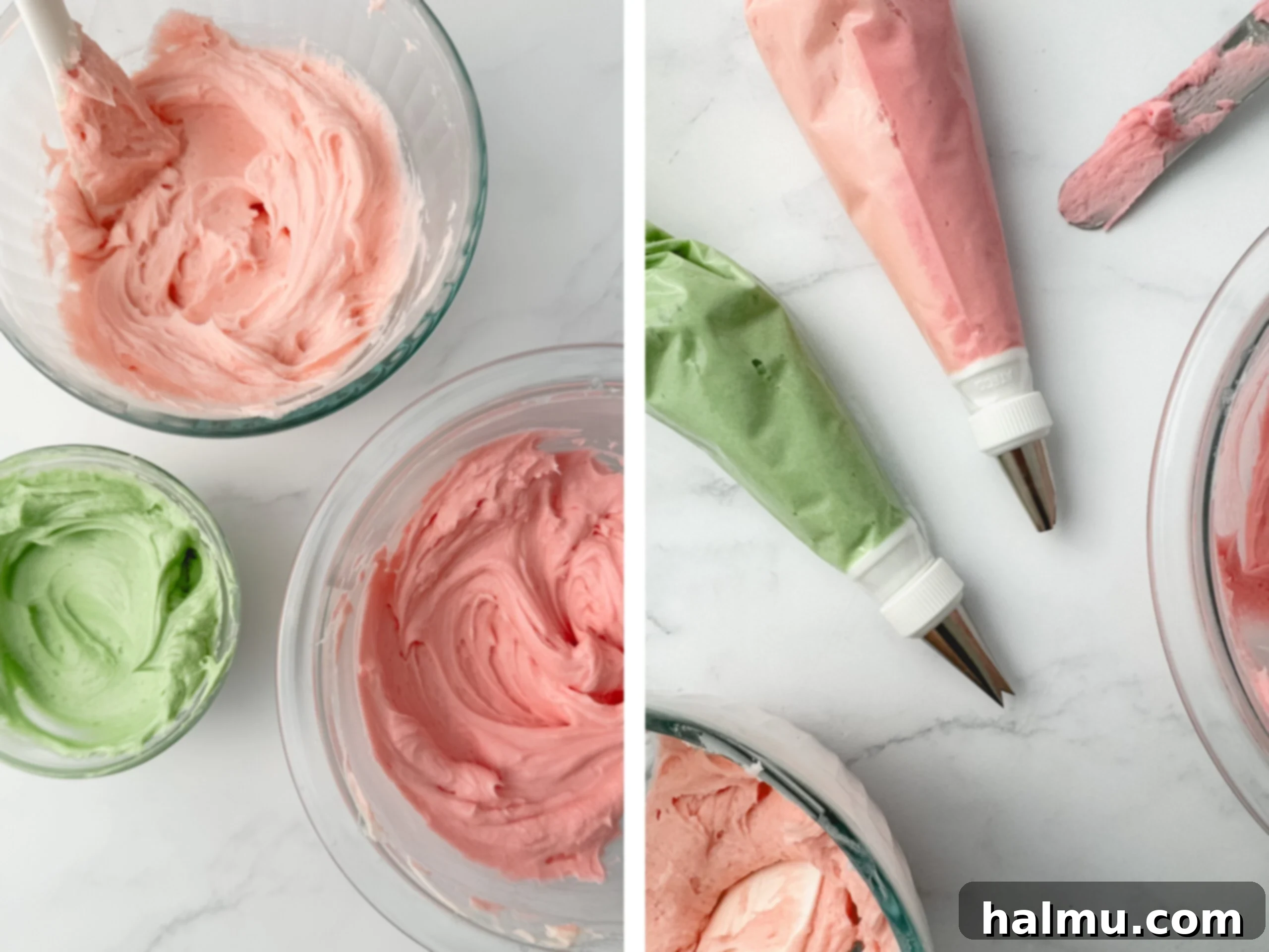 Cupcake Candles 4 Close-up of a piping bag with a #80 mum tip, showing a stripe of dark pink buttercream and the bag filled with light pink frosting for a two-toned effect.